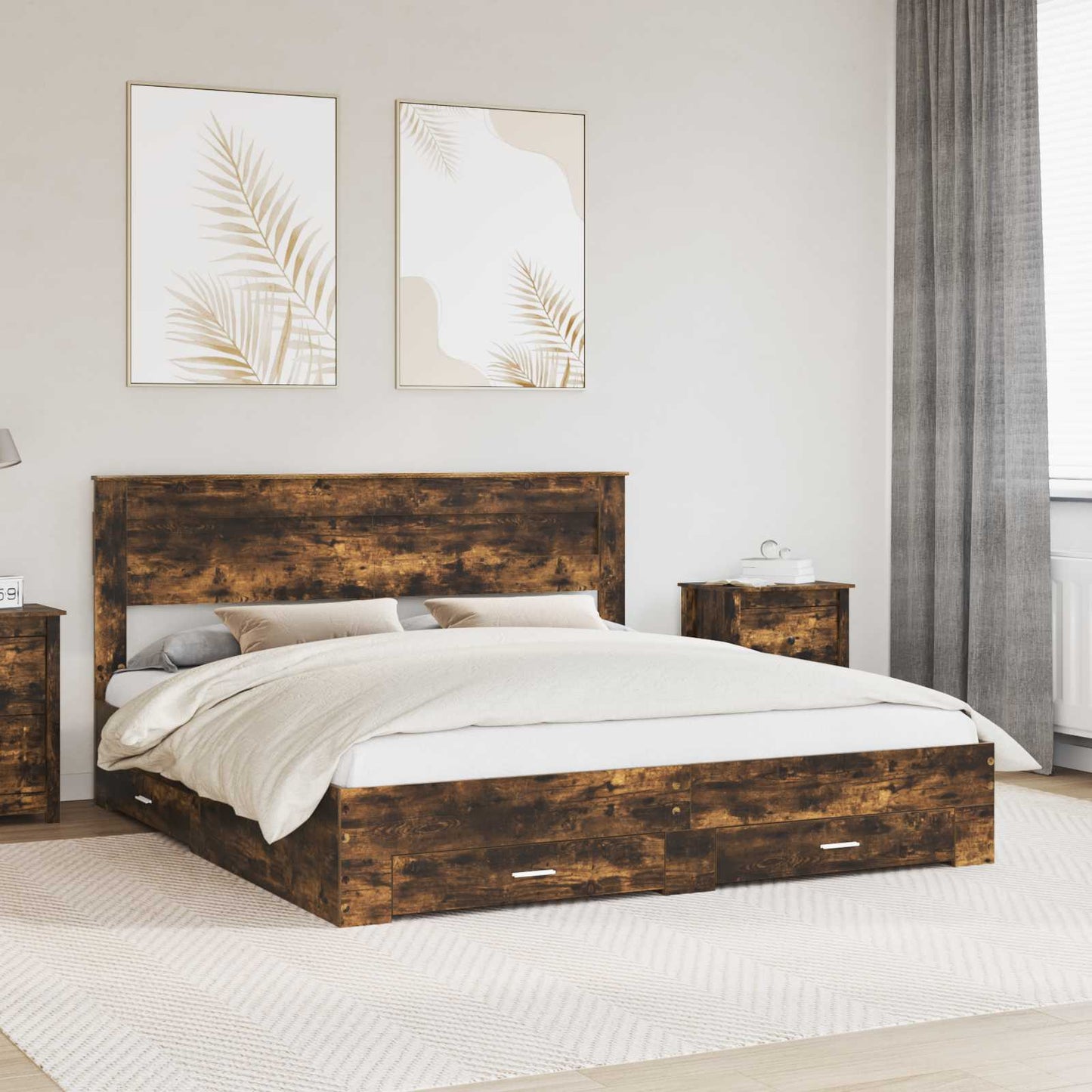 Bedframe met hoofdeinde Gerookt eiken 200 x 200 cm Bewerkt hout is nu te koop bij PeponiXL, paradijselijk wonen!