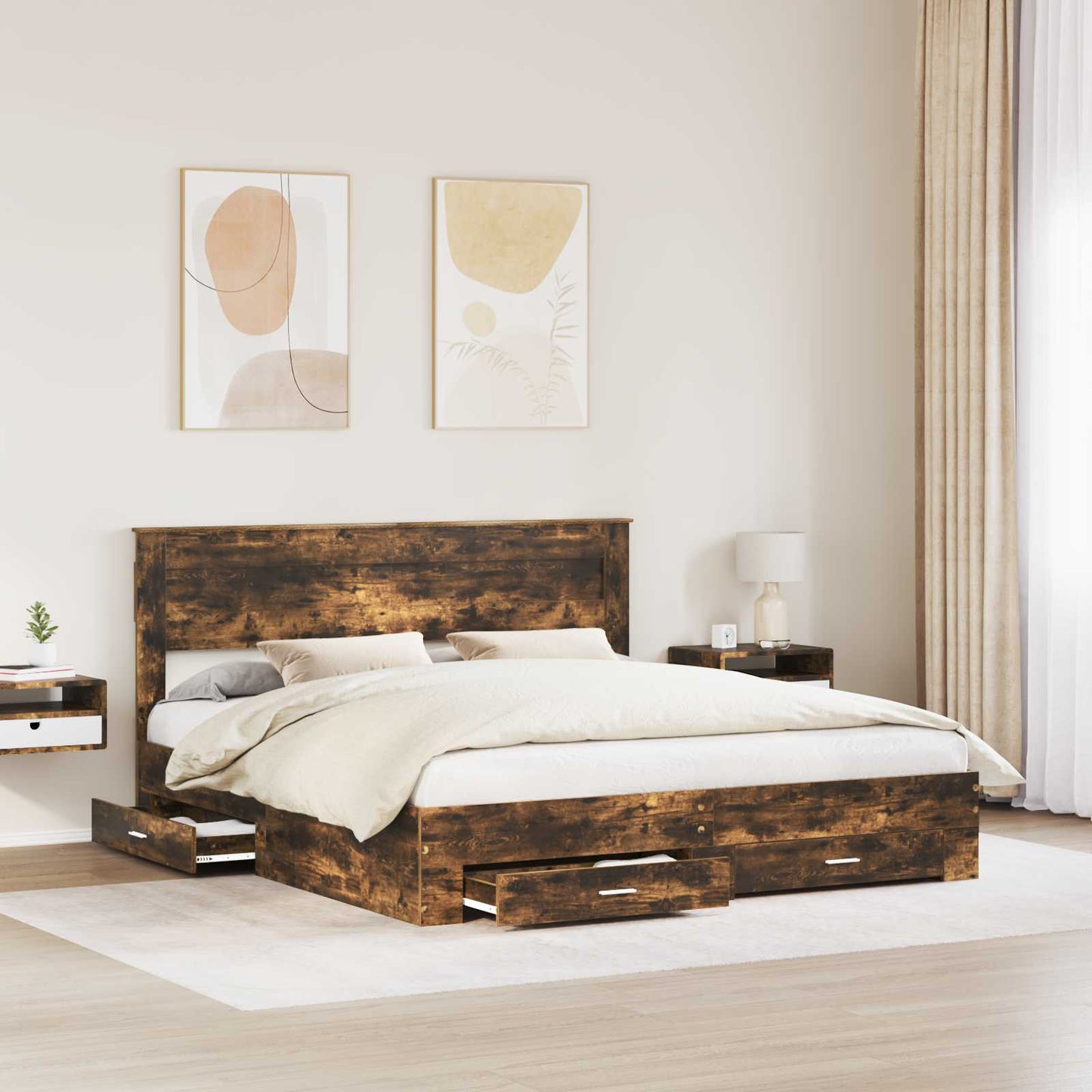 Bedframe met hoofdeinde Gerookt eiken 200 x 200 cm Bewerkt hout is nu te koop bij PeponiXL, paradijselijk wonen!