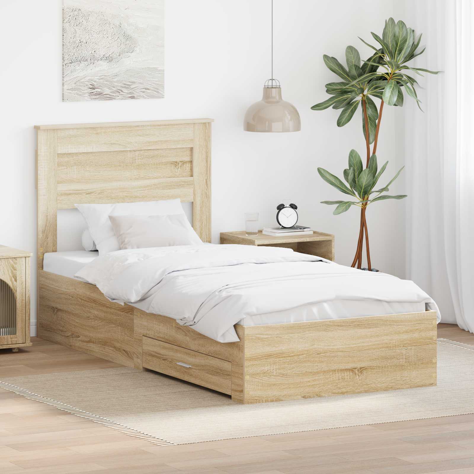 Bedframe met hoofdeinde Sonoma Eiken 90 x 190 cm Bewerkt hout is nu te koop bij PeponiXL, paradijselijk wonen!