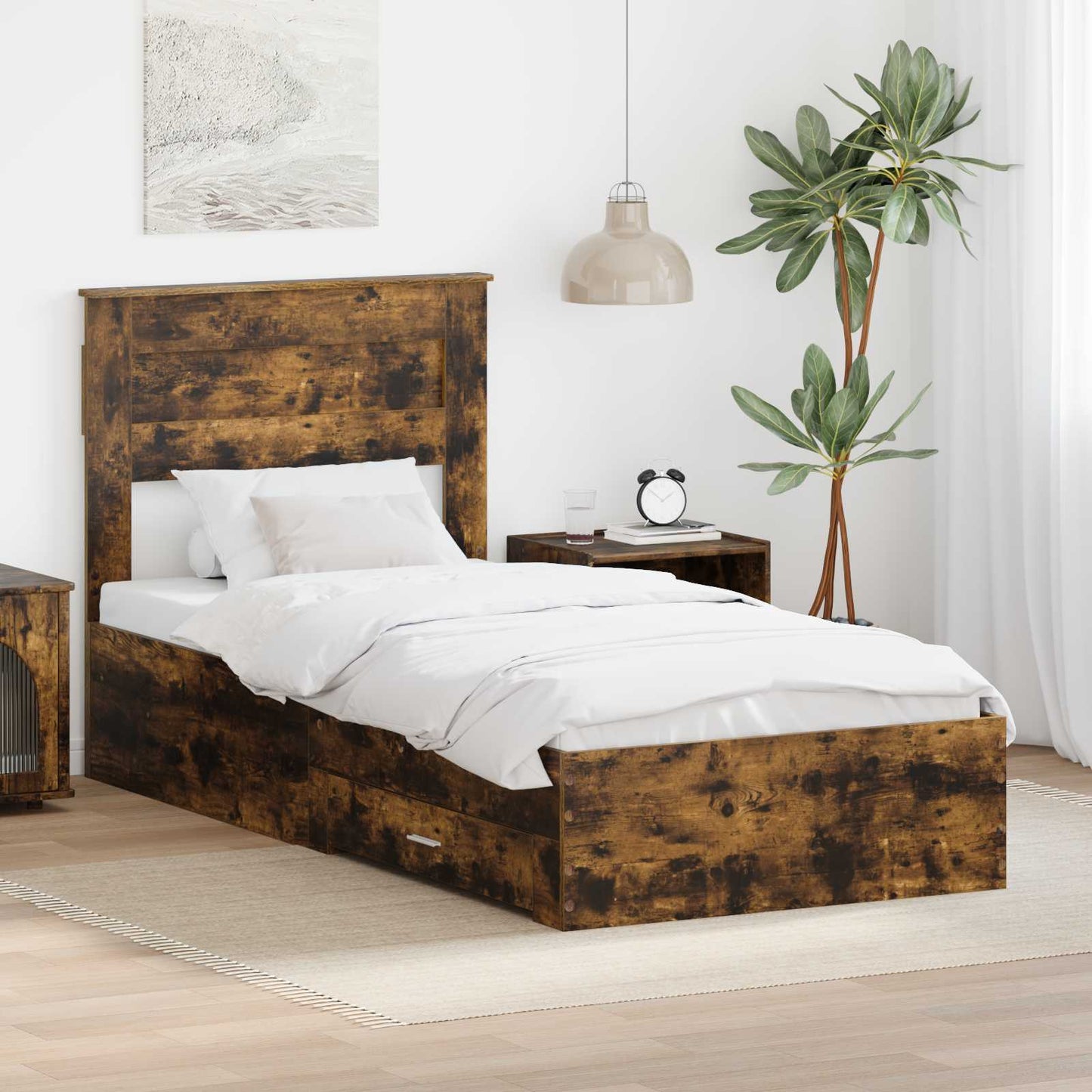 Bedframe met hoofdeinde Gerookt eiken 90 x 190 cm Bewerkt hout is nu te koop bij PeponiXL, paradijselijk wonen!