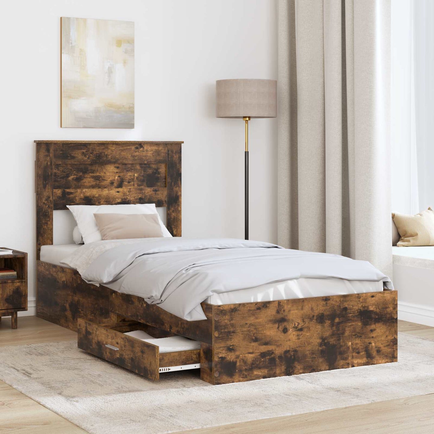 Bedframe met hoofdeinde Gerookt eiken 90 x 190 cm Bewerkt hout is nu te koop bij PeponiXL, paradijselijk wonen!