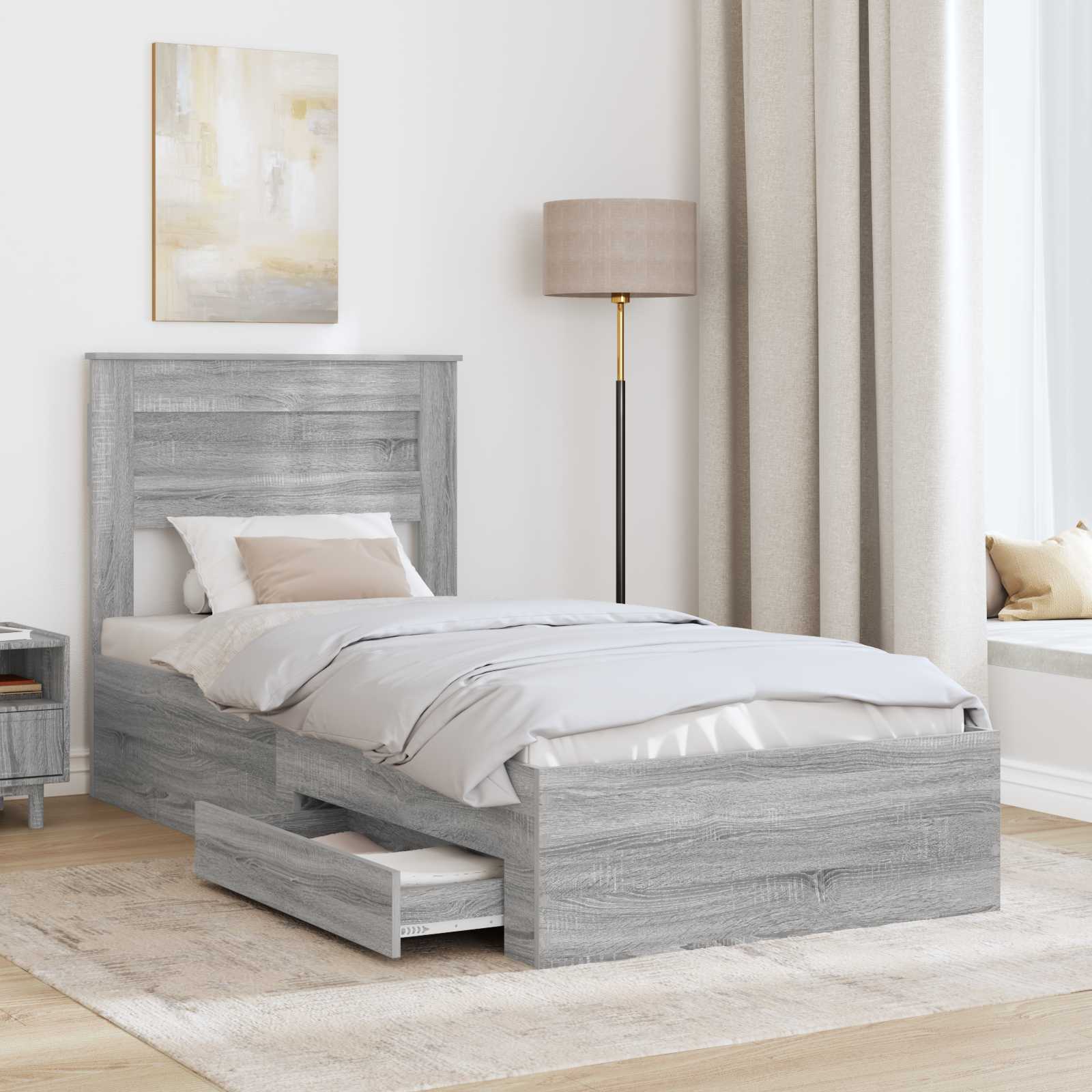 Bedframe met hoofdeinde Grijs Sonoma 90 x 200 cm Bewerkt hout is nu te koop bij PeponiXL, paradijselijk wonen!