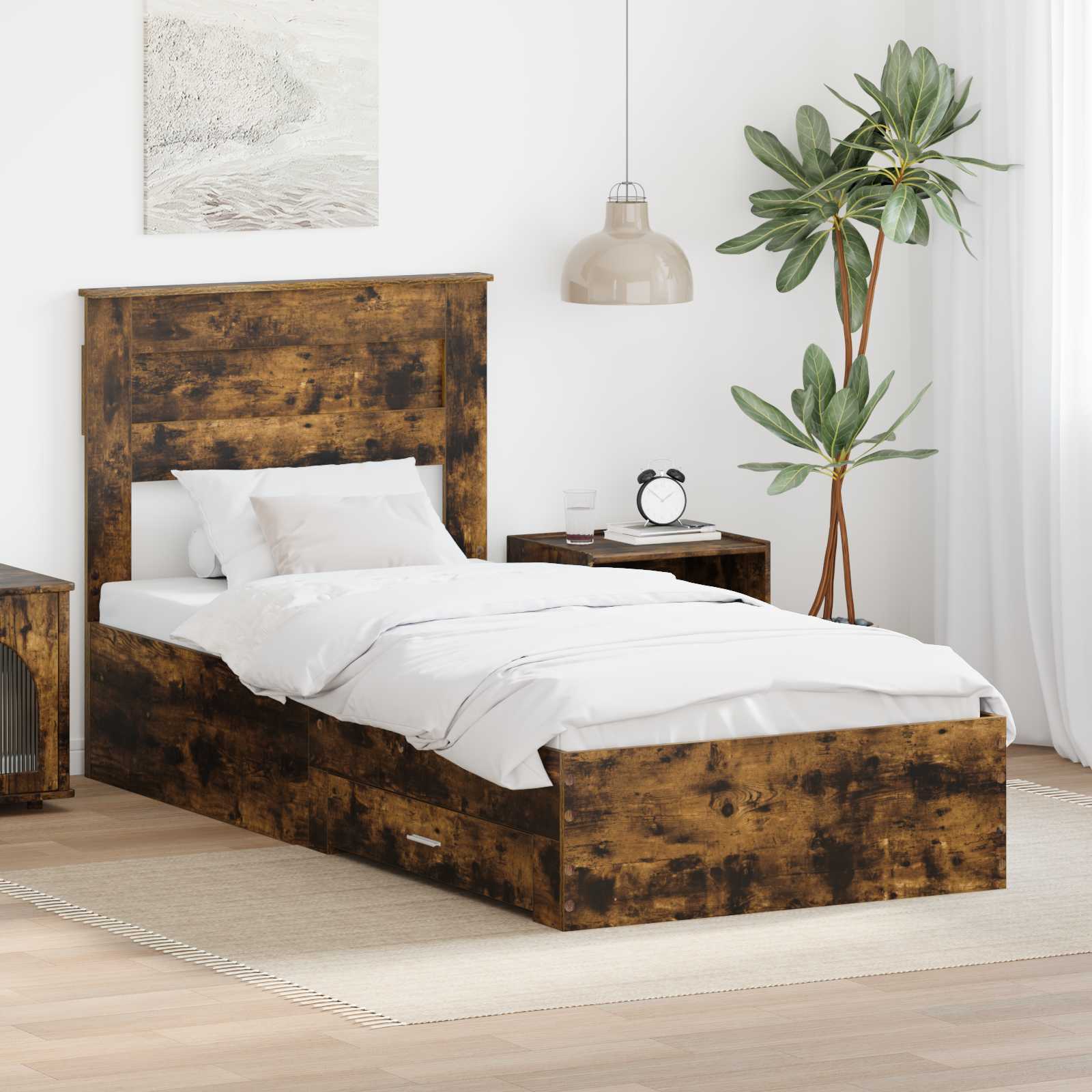 Bedframe Gerookt Eiken en Zilver 75 x 190 cm Bewerkt hout is nu te koop bij PeponiXL, paradijselijk wonen!