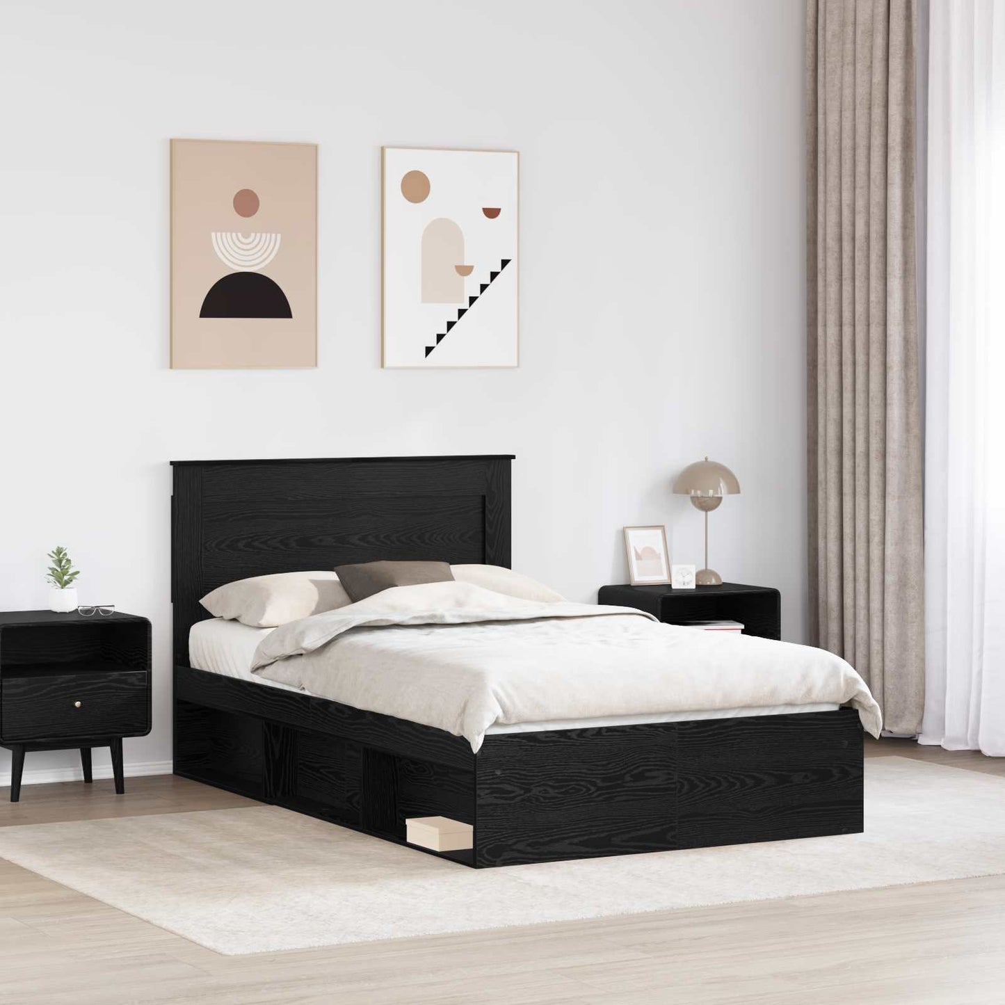 Bedframe met hoofdeinde Zwart 135 x 190 cm Massief grenenhout is nu te koop bij PeponiXL, paradijselijk wonen!