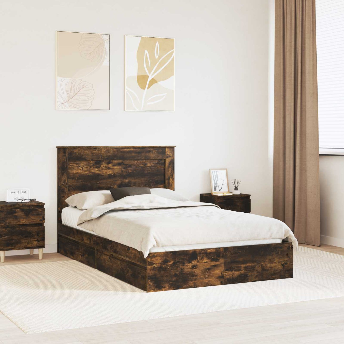 Opslag bed met lade Gerookt eiken 135 x 190 cm Bewerkt hout is nu te koop bij PeponiXL, paradijselijk wonen!