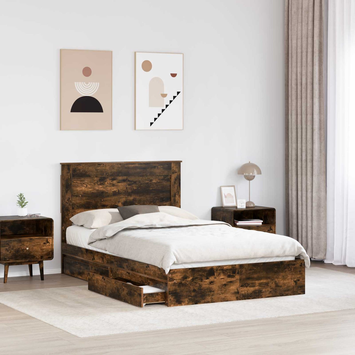 Opslag bed met lade Gerookt eiken 135 x 190 cm Bewerkt hout is nu te koop bij PeponiXL, paradijselijk wonen!