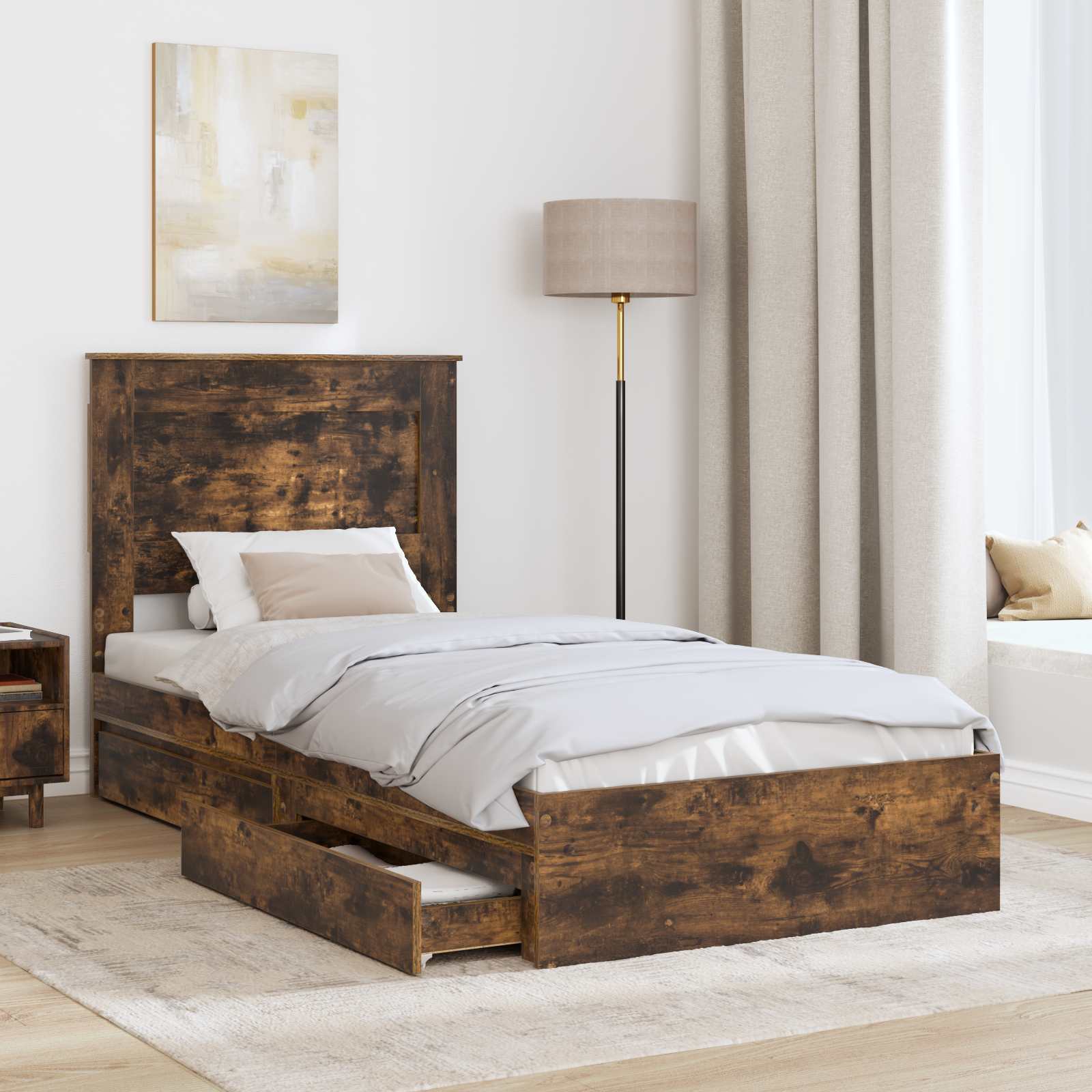 Opslag bed met lade Gerookt eiken 90 x 200 cm Bewerkt hout is nu te koop bij PeponiXL, paradijselijk wonen!