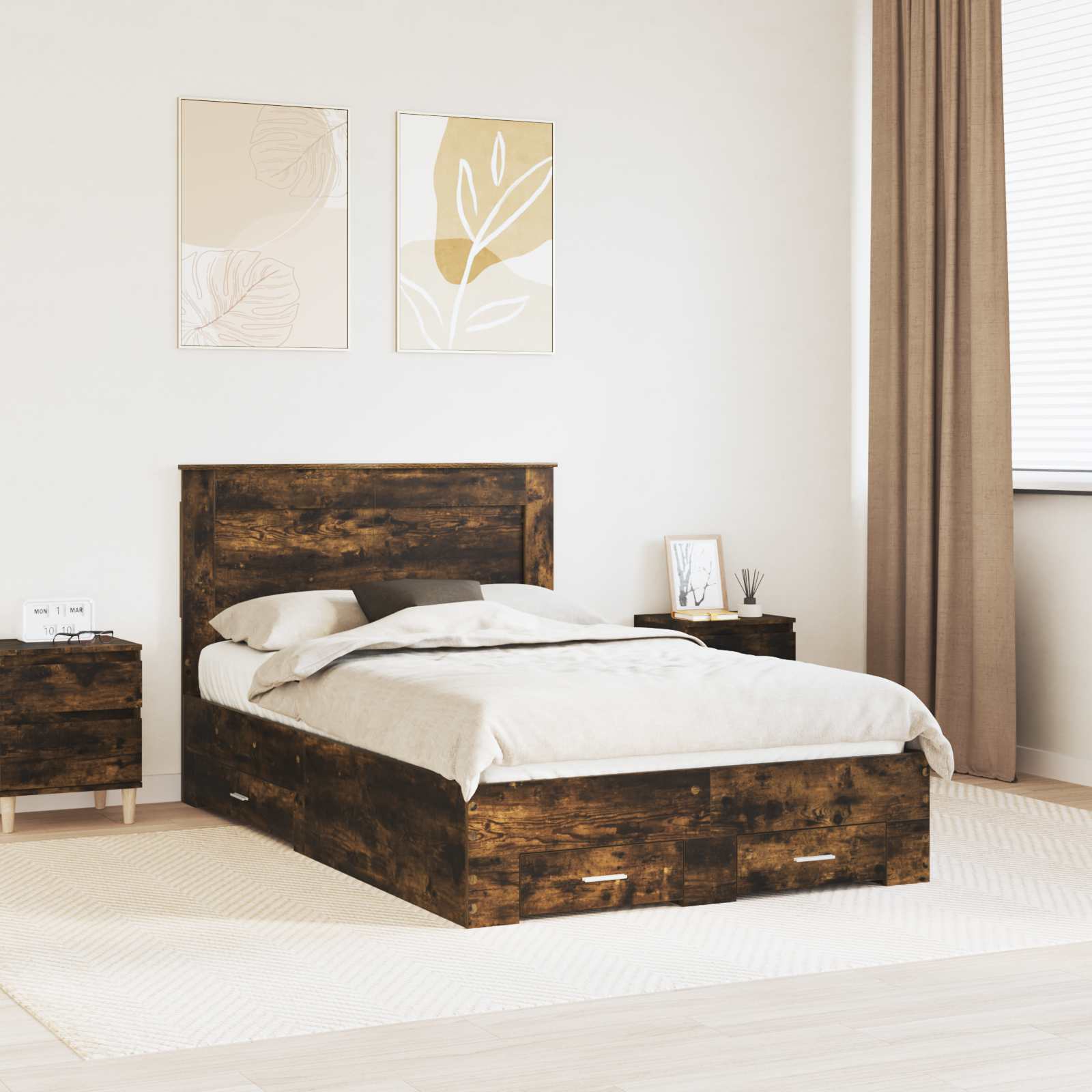 Bedframe met hoofdeinde Gerookt eiken 135 x 190 cm Bewerkt hout is nu te koop bij PeponiXL, paradijselijk wonen!