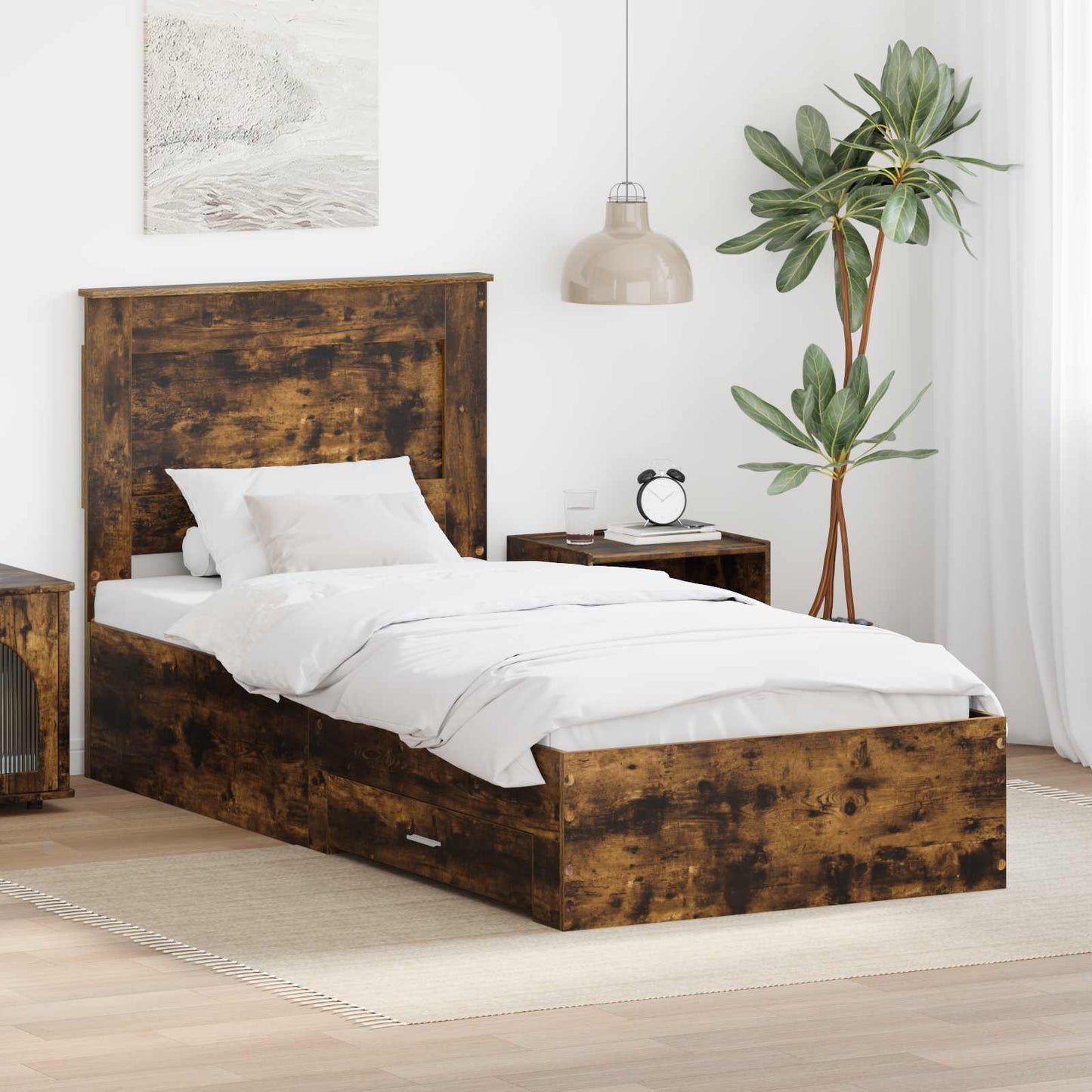 Bedframe Gerookt Eiken en Zilver 75 x 190 cm Bewerkt hout is nu te koop bij PeponiXL, paradijselijk wonen!