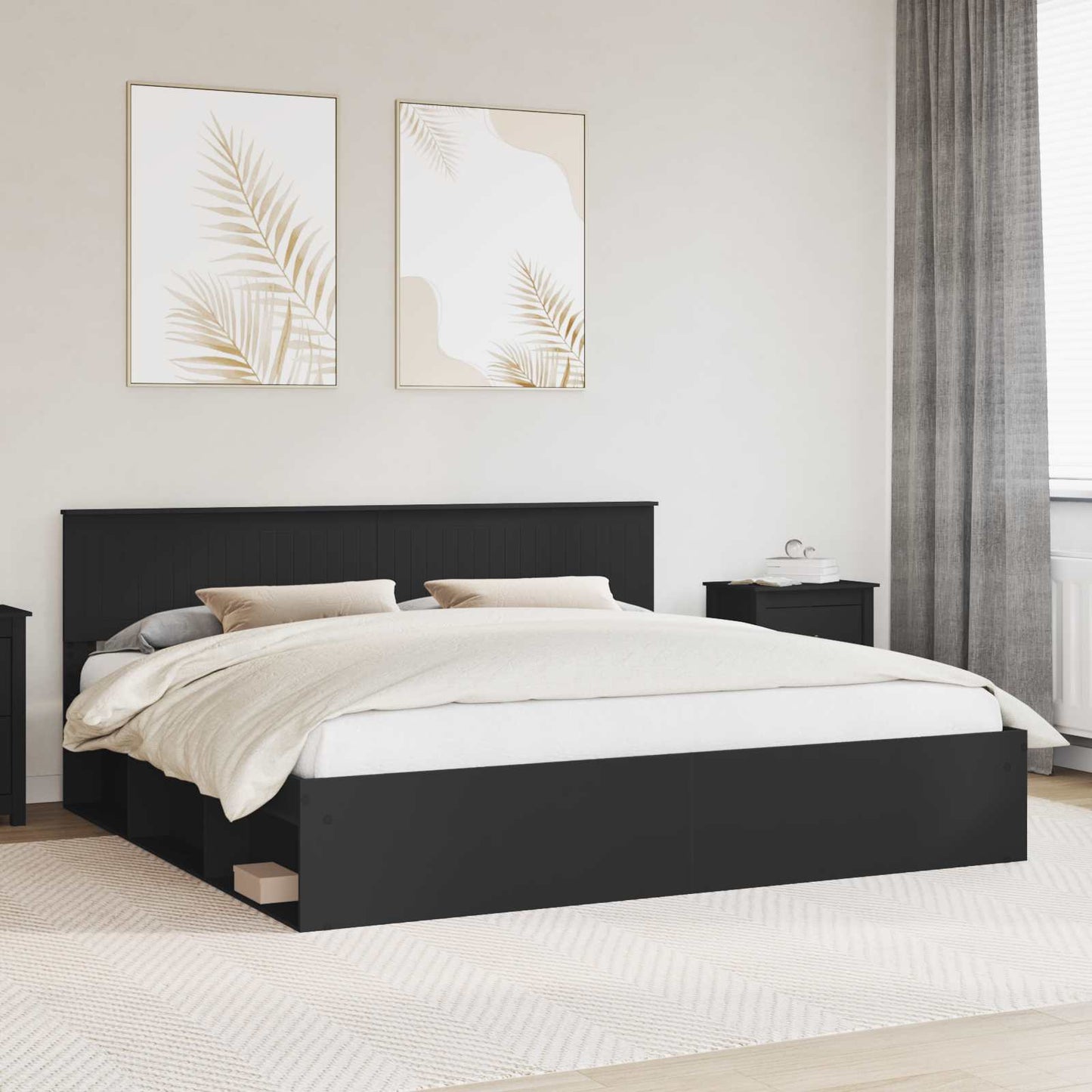 Bedframe met hoofdeinde Zwart 200 x 200 cm Massief grenenhout is nu te koop bij PeponiXL, paradijselijk wonen!