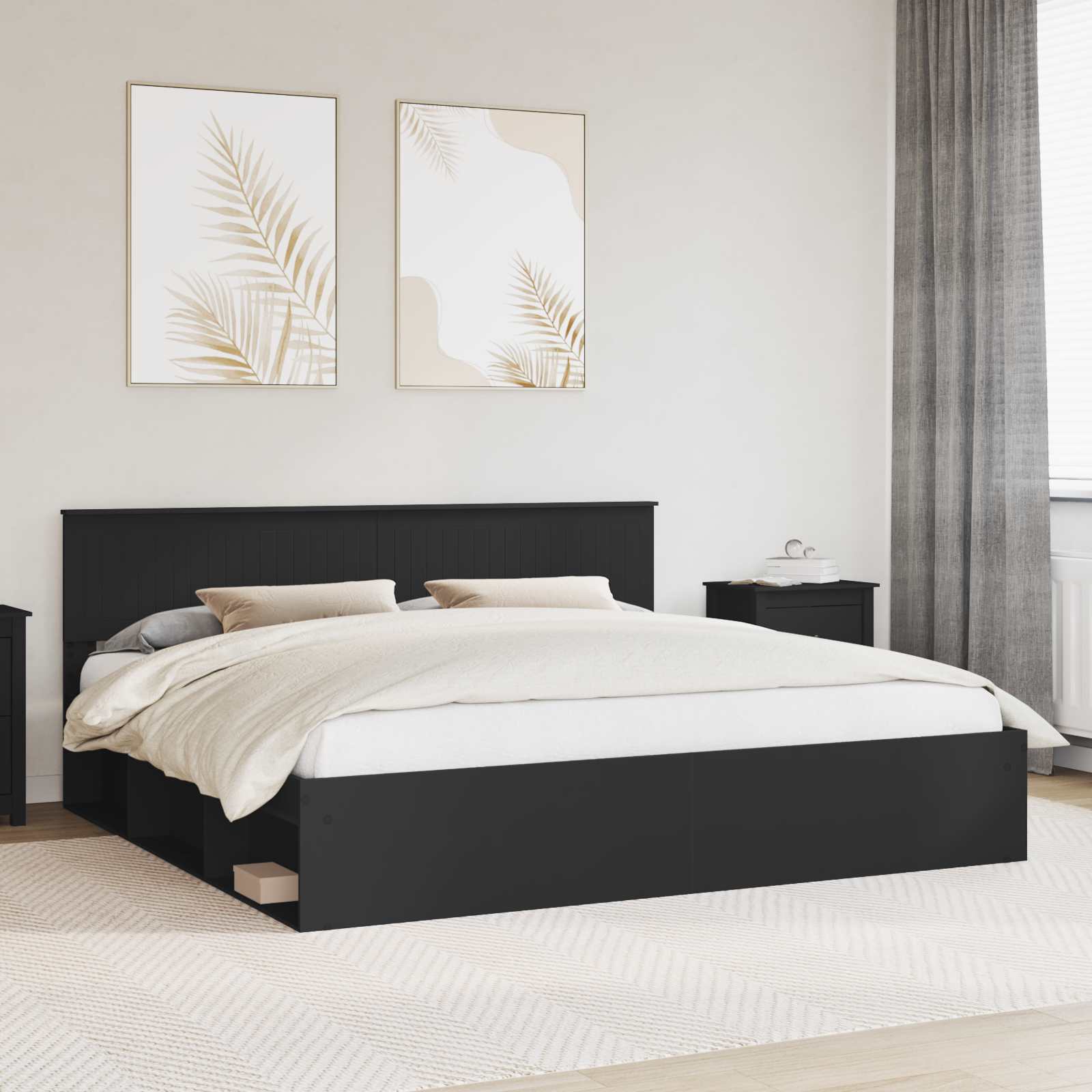 Bedframe met hoofdeinde Zwart 200 x 200 cm Massief grenenhout is nu te koop bij PeponiXL, paradijselijk wonen!