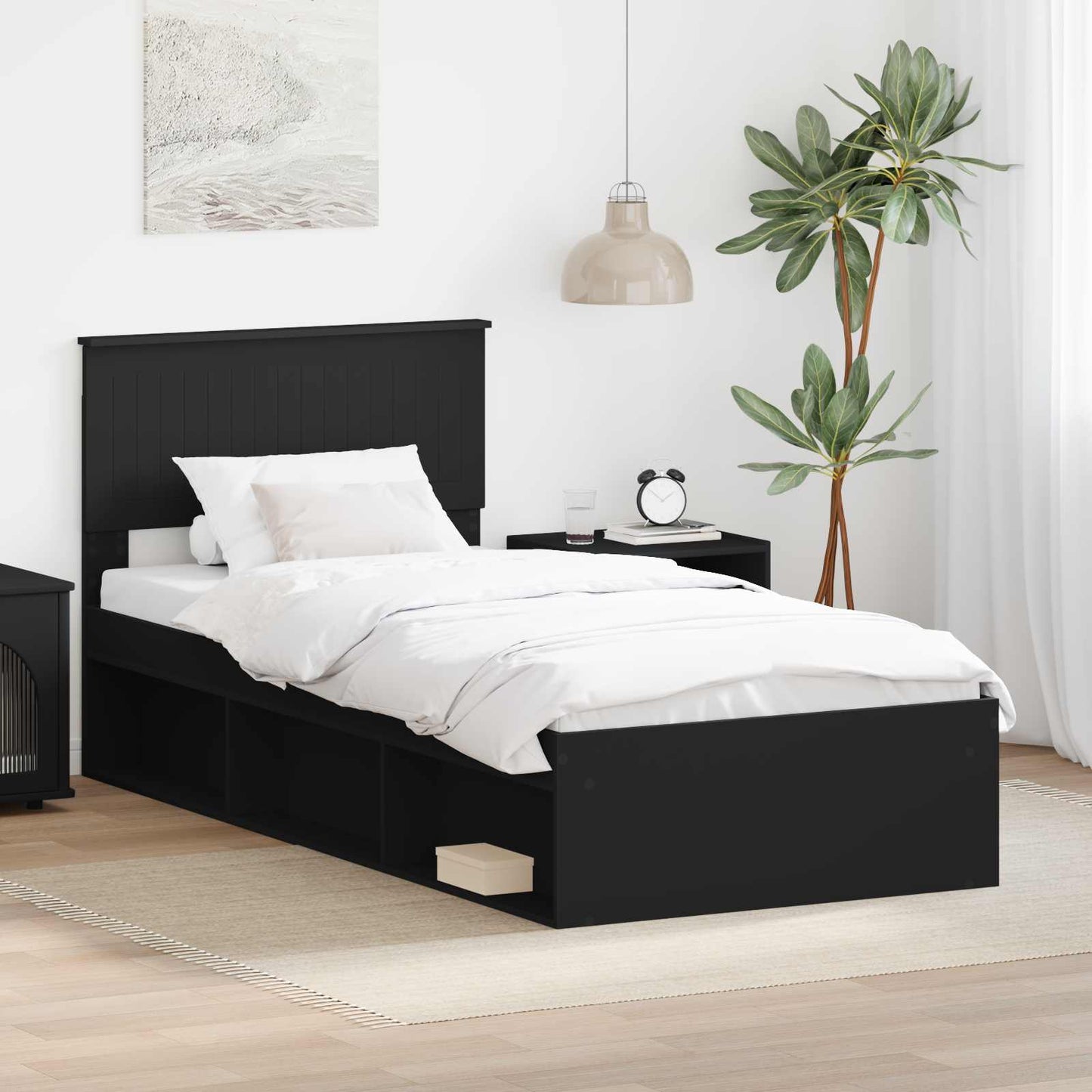 Bedframe met hoofdeinde Zwart 90 x 190 cm Massief grenenhout is nu te koop bij PeponiXL, paradijselijk wonen!