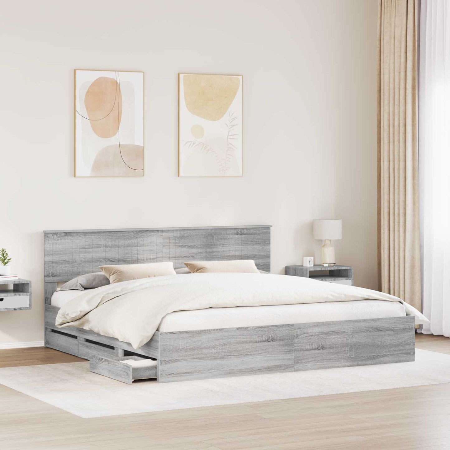 Bedframe met lade Grijs Sonoma 200 x 200 cm Ingenieurshout is nu te koop bij PeponiXL, paradijselijk wonen!