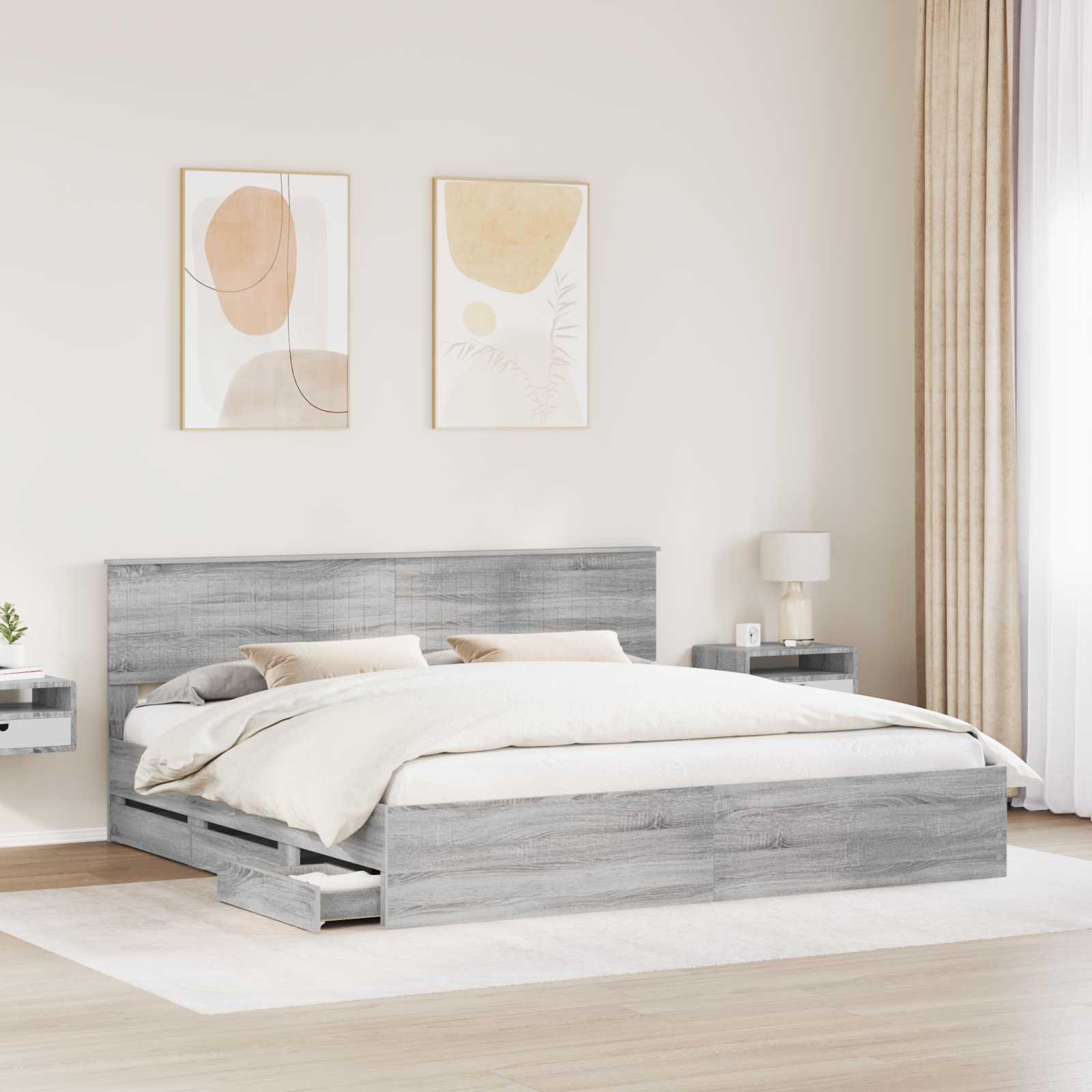 Bedframe met lade Grijs Sonoma 200 x 200 cm Ingenieurshout is nu te koop bij PeponiXL, paradijselijk wonen!
