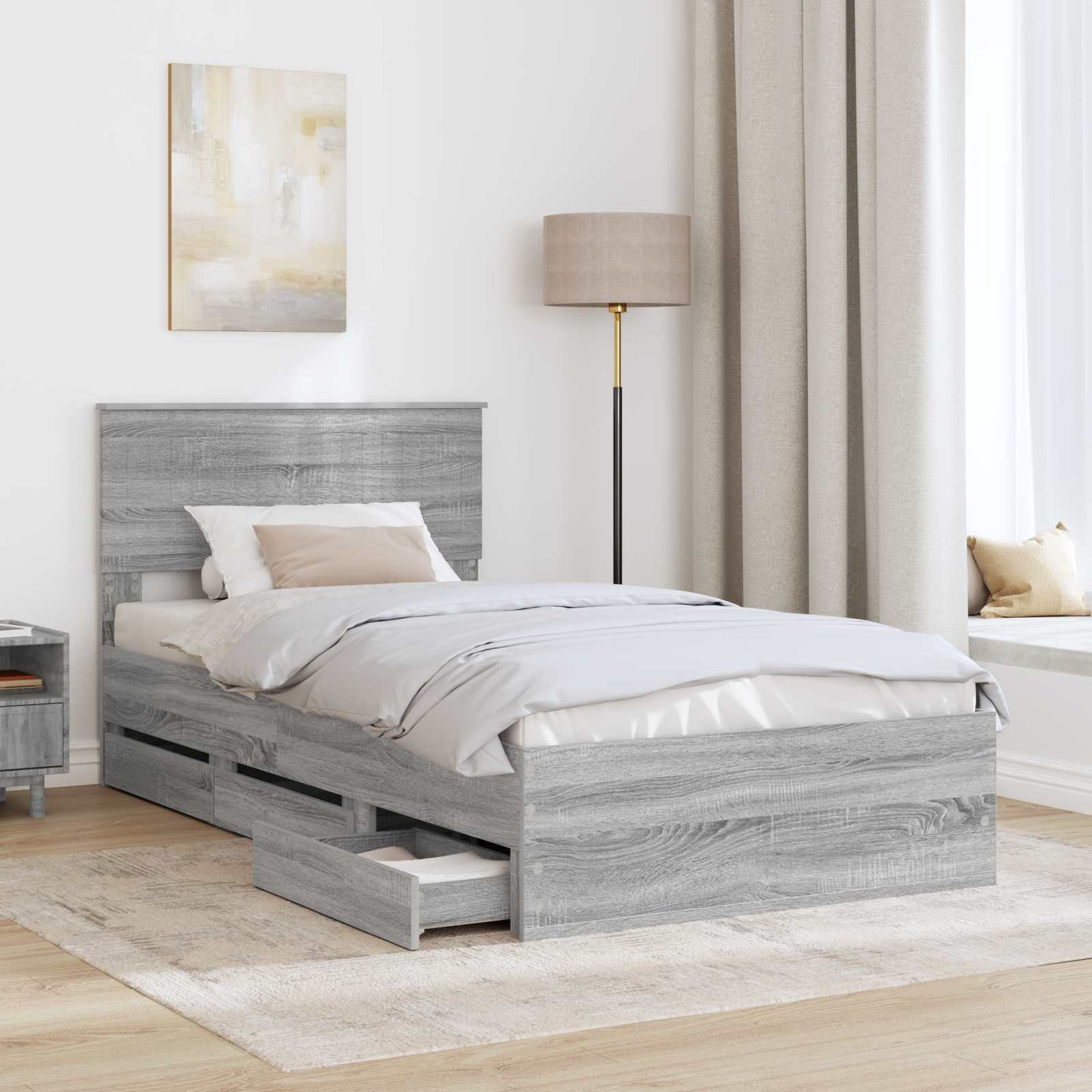 Bedframe met lade Grijs Sonoma 100 x 200 cm Ingenieurshout is nu te koop bij PeponiXL, paradijselijk wonen!