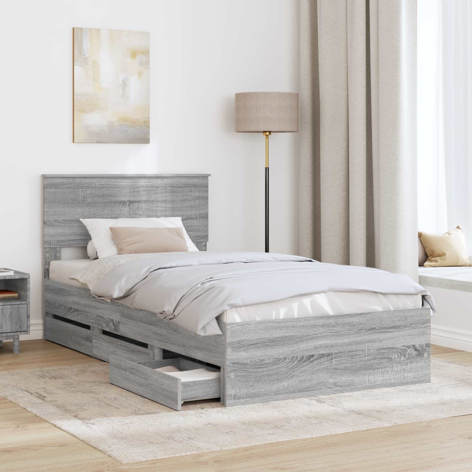 Bedframe met lade Grijs Sonoma 100 x 200 cm Ingenieurshout is nu te koop bij PeponiXL, paradijselijk wonen!