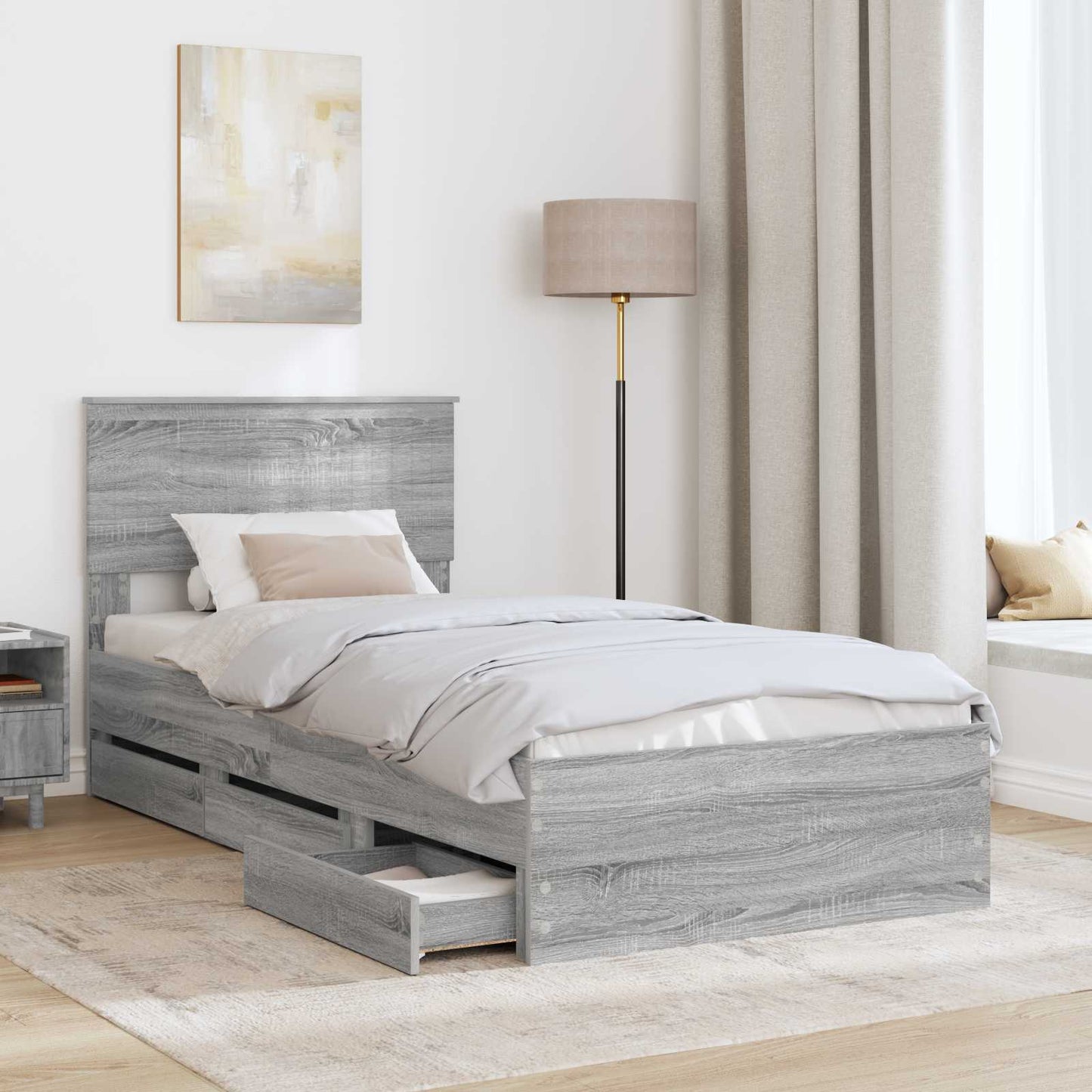Bedframe met lade Grijs Sonoma 90 x 190 cm Ingenieurshout is nu te koop bij PeponiXL, paradijselijk wonen!