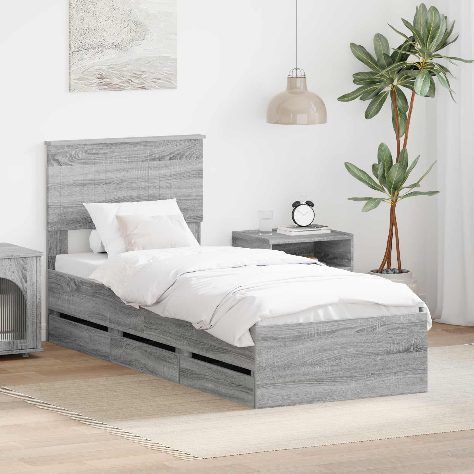 Bedframe met lade Grijs Sonoma 75 x 190 cm Ingenieurshout is nu te koop bij PeponiXL, paradijselijk wonen!