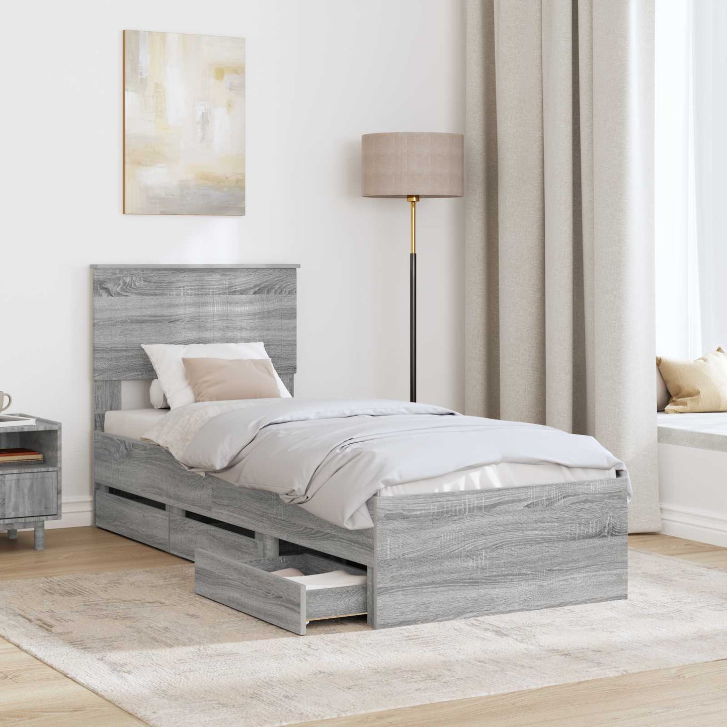 Bedframe met lade Grijs Sonoma 75 x 190 cm Ingenieurshout is nu te koop bij PeponiXL, paradijselijk wonen!