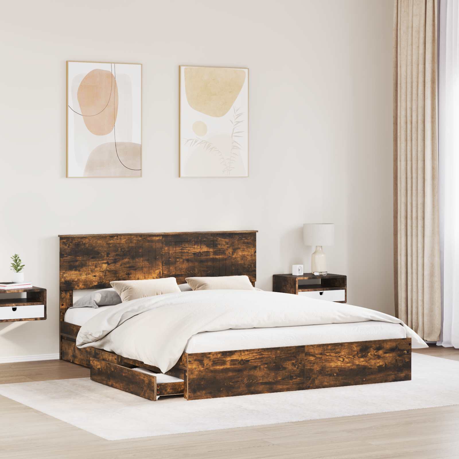 Opslag bed met lade Gerookt eiken 160 x 200 cm Bewerkt hout is nu te koop bij PeponiXL, paradijselijk wonen!
