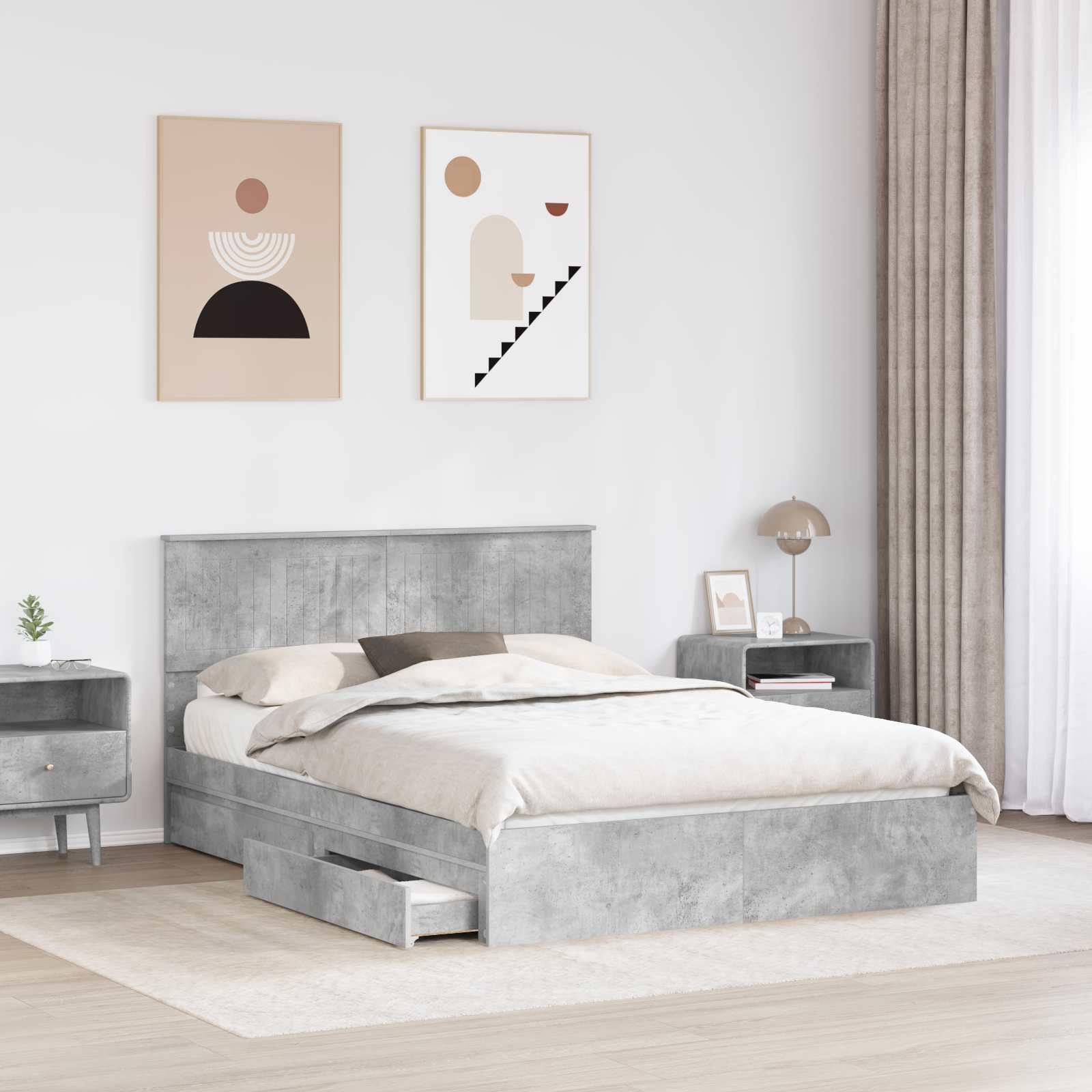 Opslag bed met hoofdeinde Beton Grijs 135 x 190 cm Bewerkt hout is nu te koop bij PeponiXL, paradijselijk wonen!