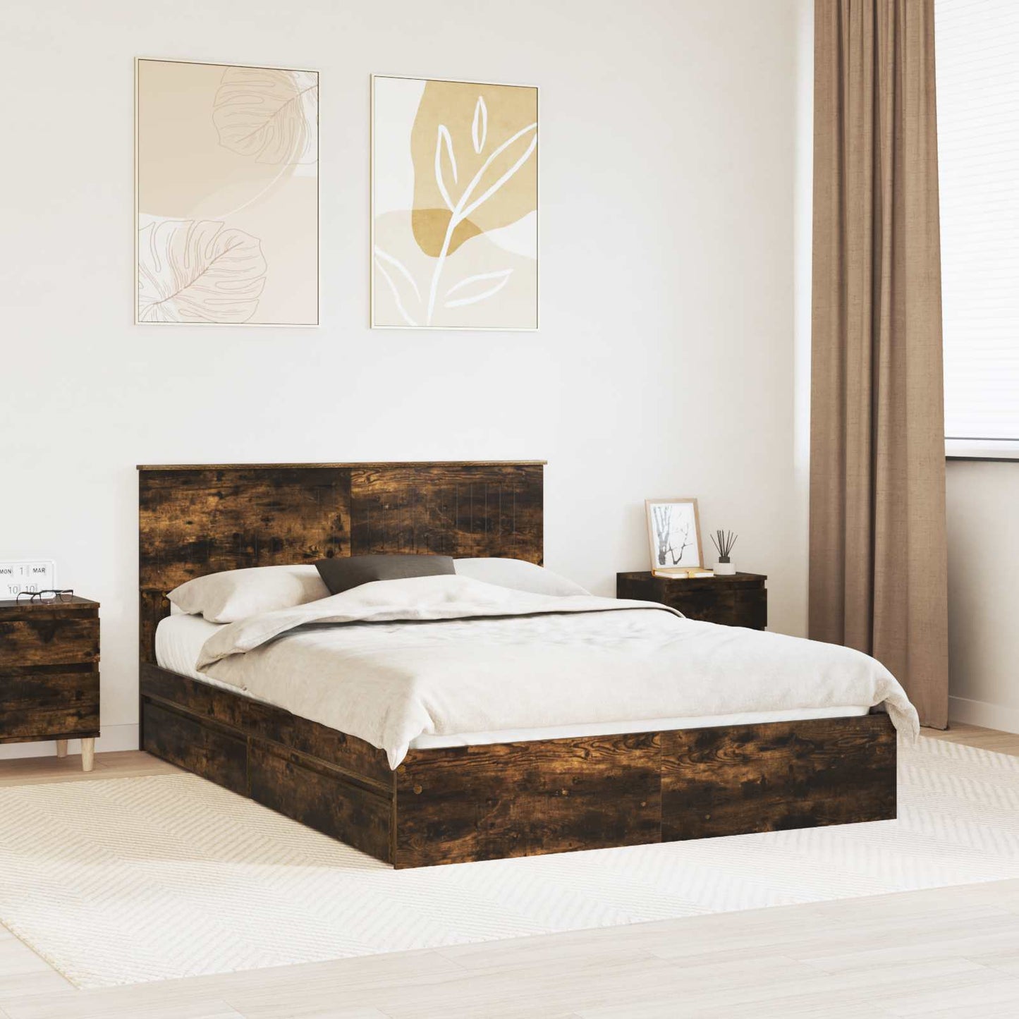 Opslag bed met lade Gerookt eiken 135 x 190 cm Bewerkt hout is nu te koop bij PeponiXL, paradijselijk wonen!