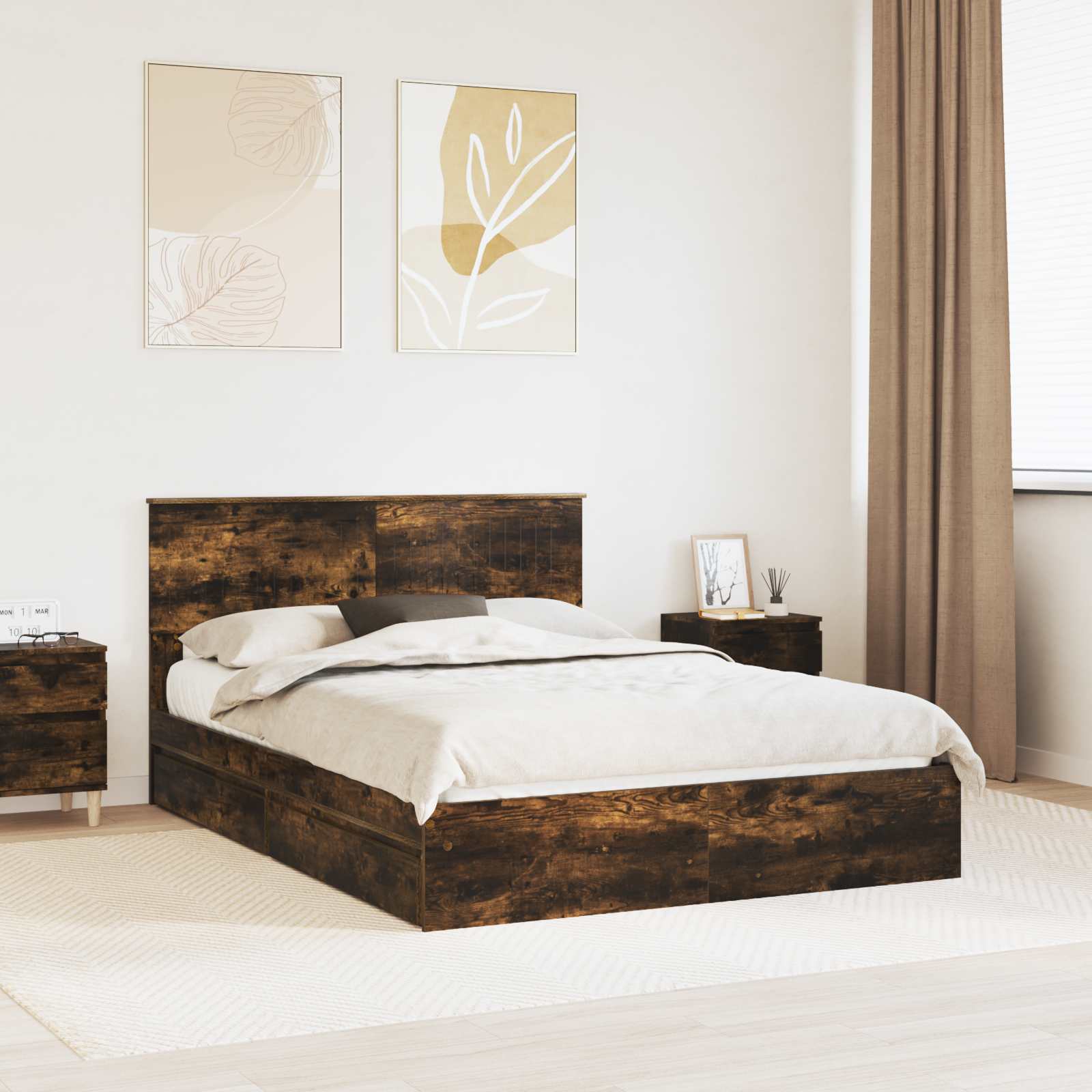 Opslag bed met lade Gerookt eiken 135 x 190 cm Bewerkt hout is nu te koop bij PeponiXL, paradijselijk wonen!