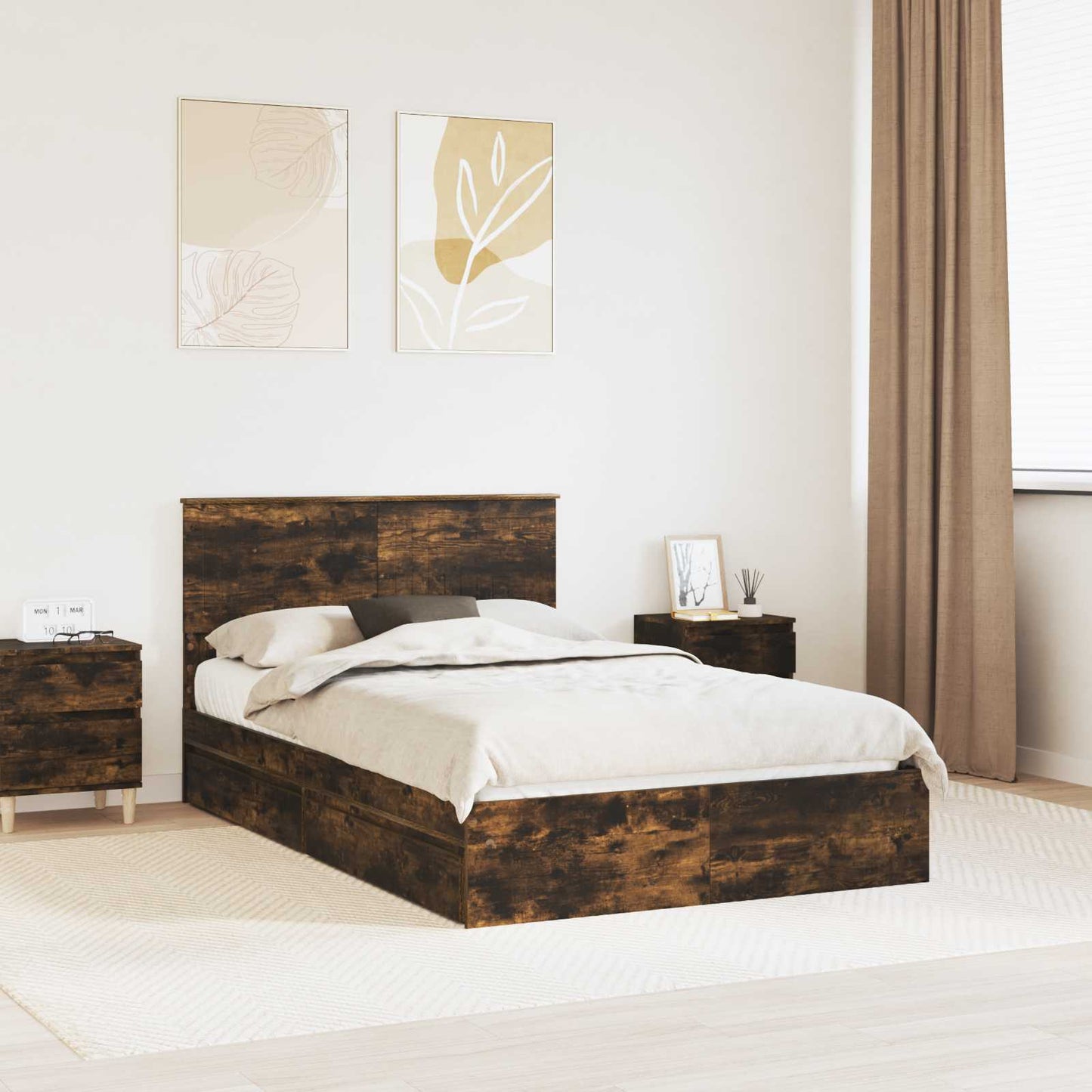 Opslag bed met lade Gerookt eiken 120 x 190 cm Bewerkt hout