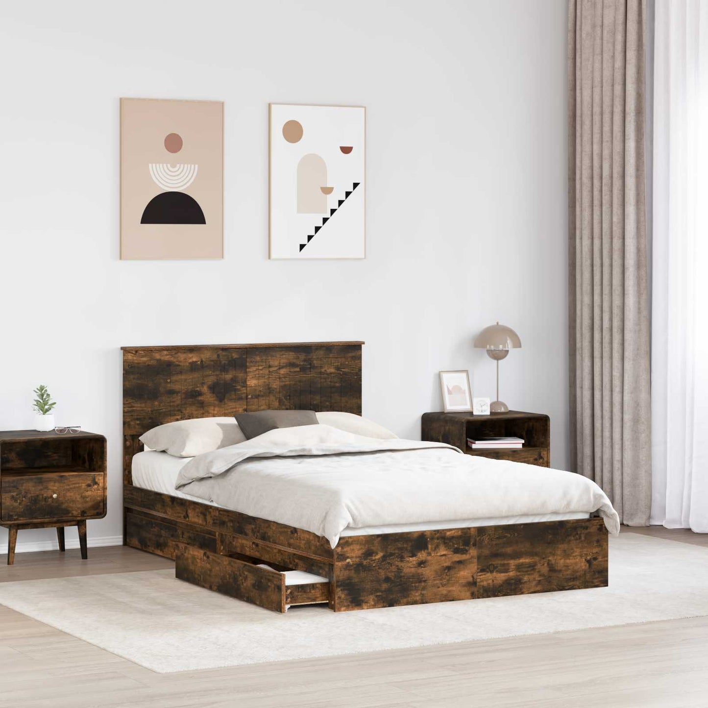 Opslag bed met lade Gerookt eiken 120 x 190 cm Bewerkt hout
