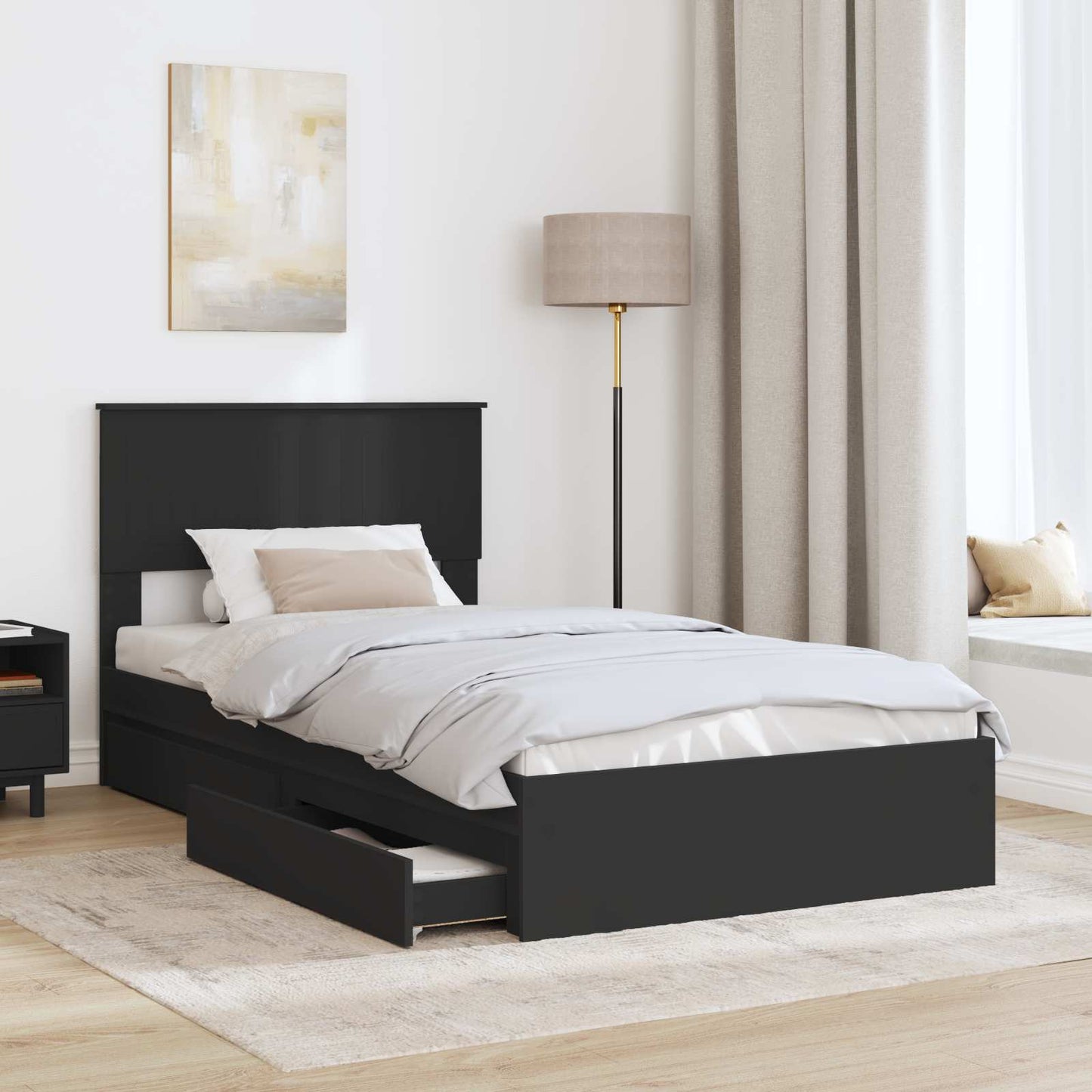 Opslag bed met hoofdeinde Zwart 100 x 200 cm Bewerkt hout is nu te koop bij PeponiXL, paradijselijk wonen!