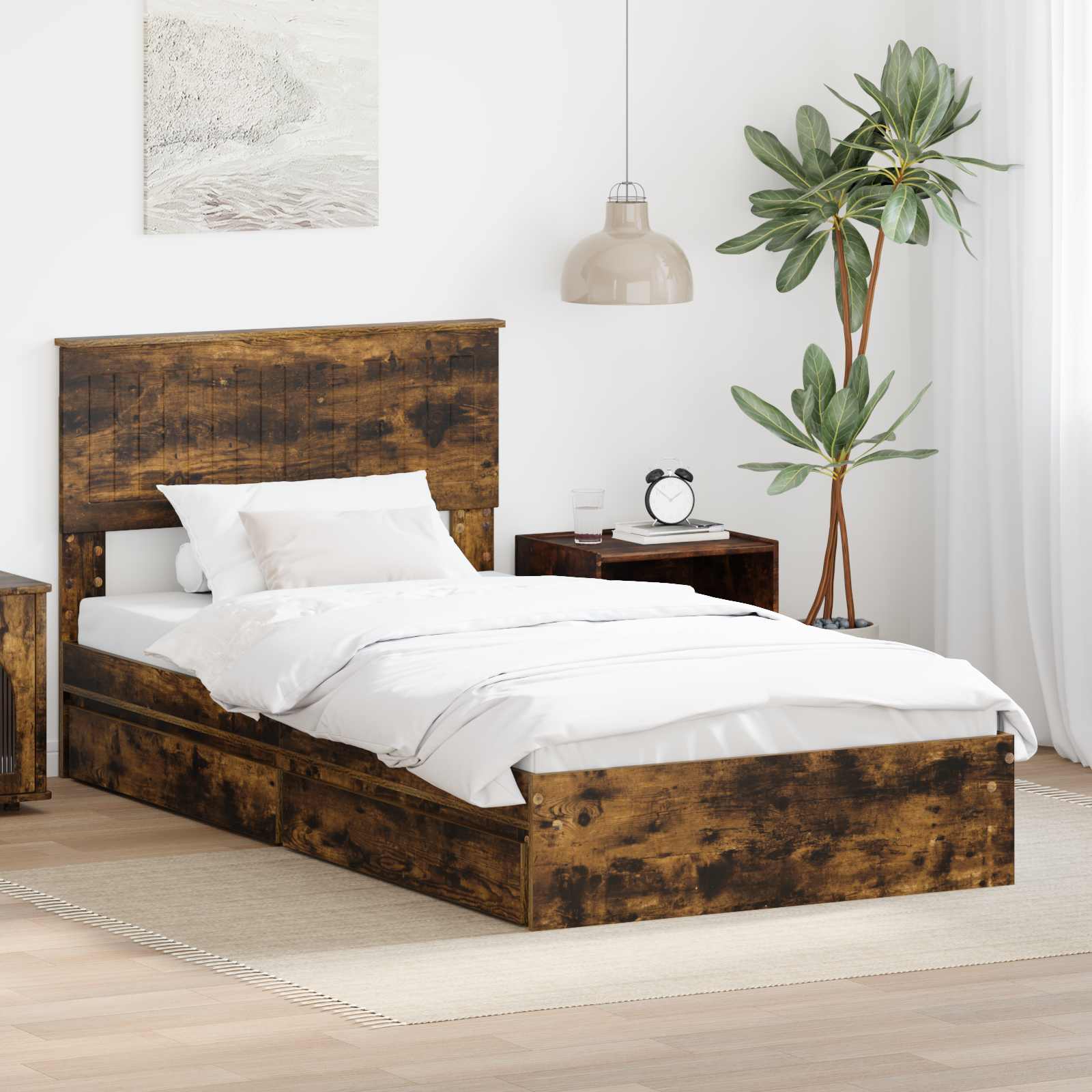 Opslag bed met lade Gerookt eiken 100 x 200 cm Bewerkt hout is nu te koop bij PeponiXL, paradijselijk wonen!
