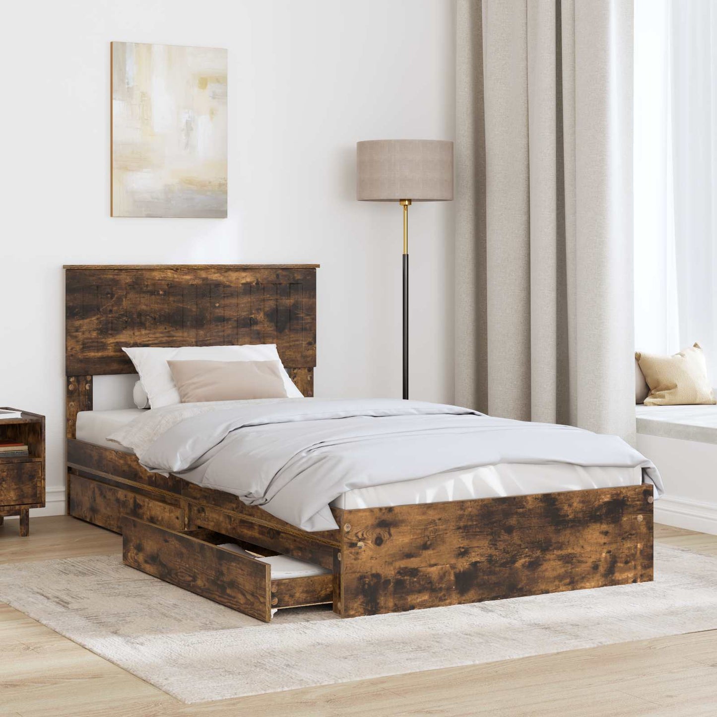 Opslag bed met lade Gerookt eiken 100 x 200 cm Bewerkt hout is nu te koop bij PeponiXL, paradijselijk wonen!