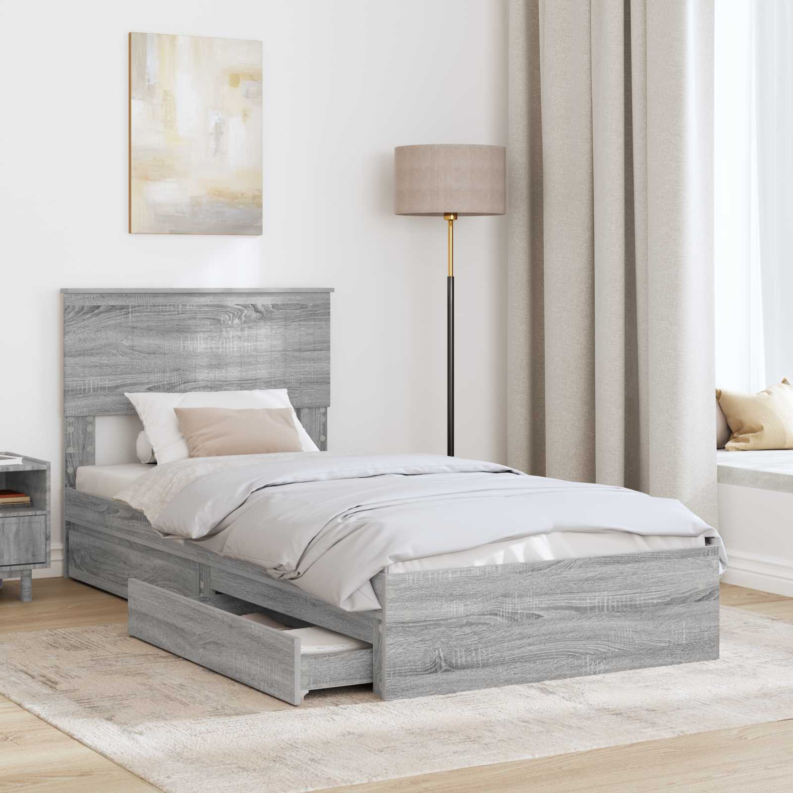 Opslag bed met hoofdeinde Grijs Sonoma 90 x 200 cm Bewerkt hout is nu te koop bij PeponiXL, paradijselijk wonen!