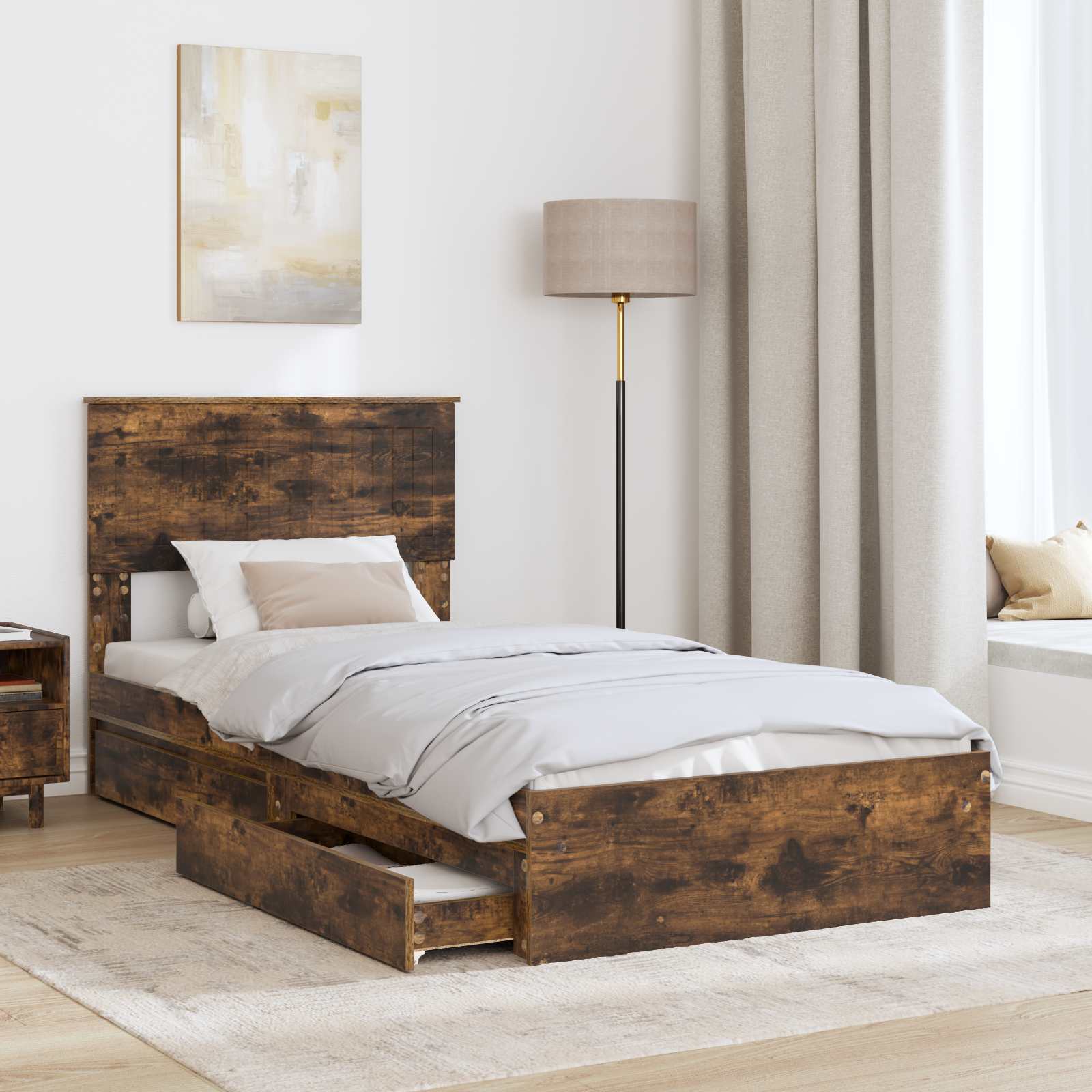 Opslag bed met lade Gerookt eiken 90 x 190 cm Bewerkt hout is nu te koop bij PeponiXL, paradijselijk wonen!