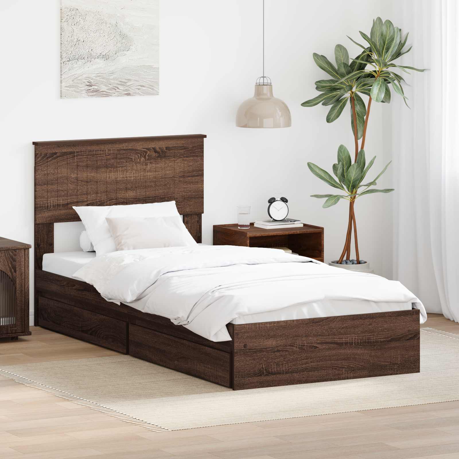 Opslag bed met hoofdeinde Bruin Eiken 90 x 190 cm Bewerkt hout is nu te koop bij PeponiXL, paradijselijk wonen!