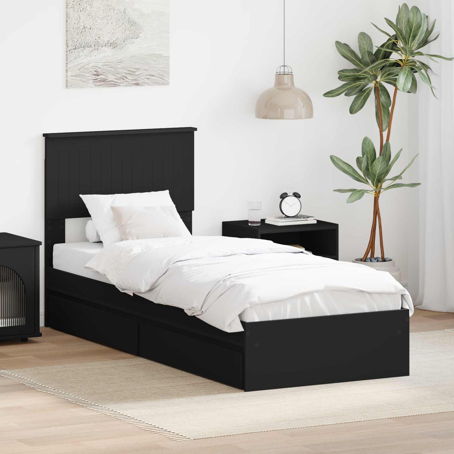 Opslag bed met hoofdeinde Zwart 75 x 190 cm Bewerkt hout is nu te koop bij PeponiXL, paradijselijk wonen!
