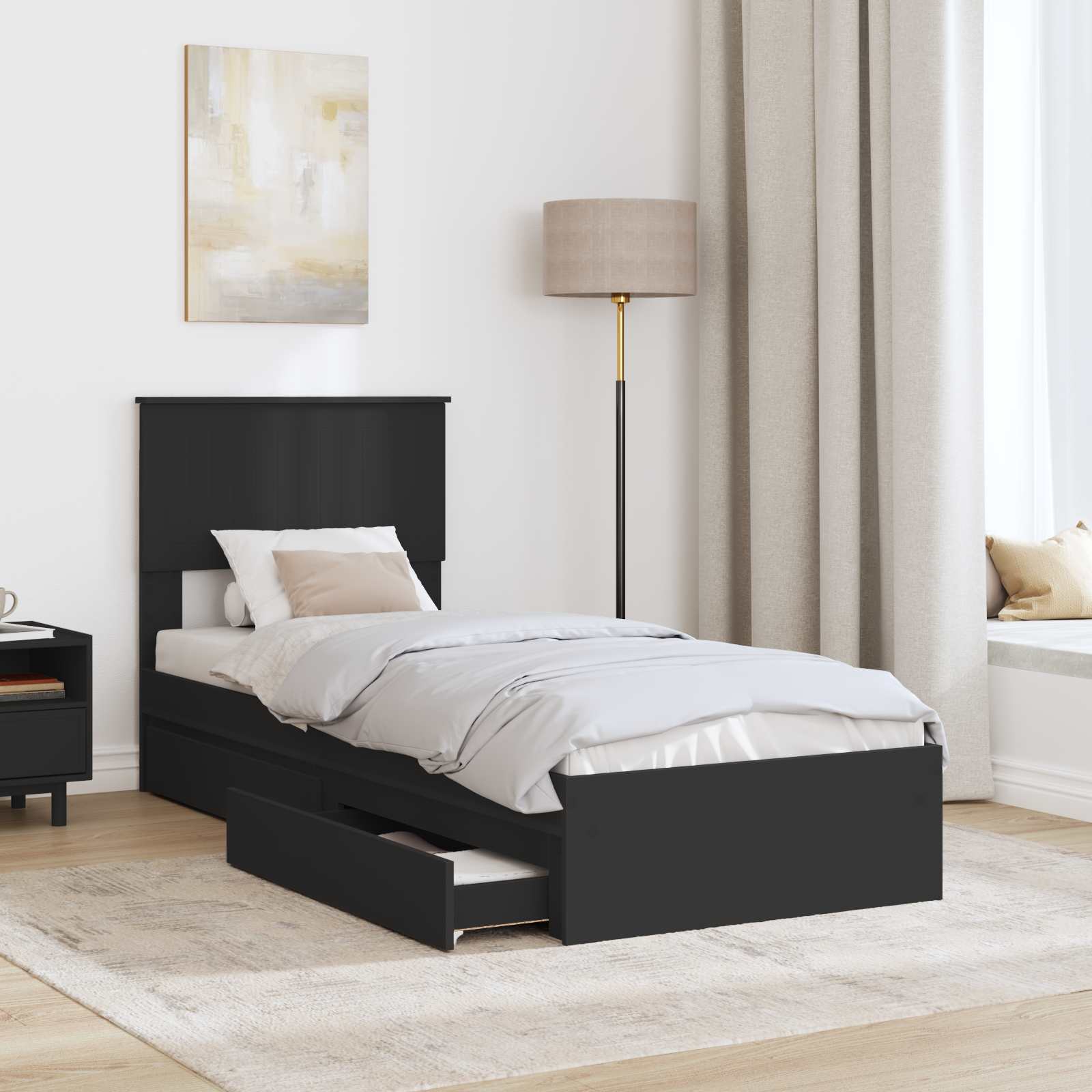 Opslag bed met hoofdeinde Zwart 75 x 190 cm Bewerkt hout is nu te koop bij PeponiXL, paradijselijk wonen!