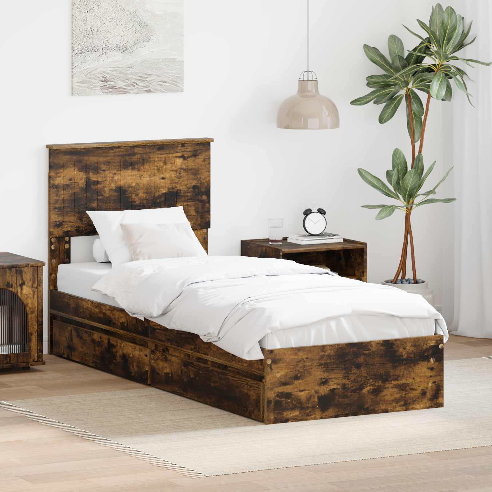 Opslag bed met lade Gerookt eiken 75 x 190 cm Bewerkt hout is nu te koop bij PeponiXL, paradijselijk wonen!