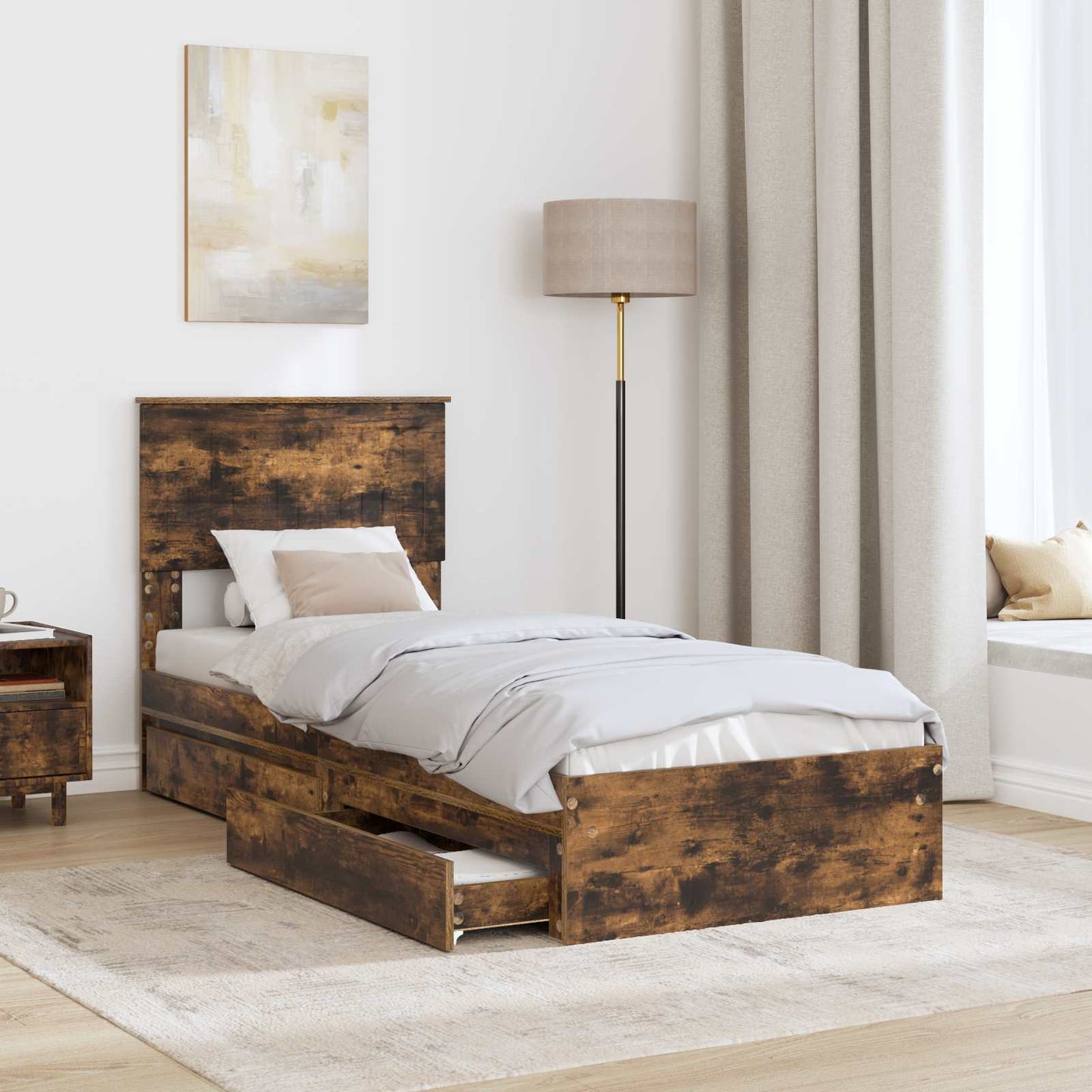 Opslag bed met lade Gerookt eiken 75 x 190 cm Bewerkt hout is nu te koop bij PeponiXL, paradijselijk wonen!