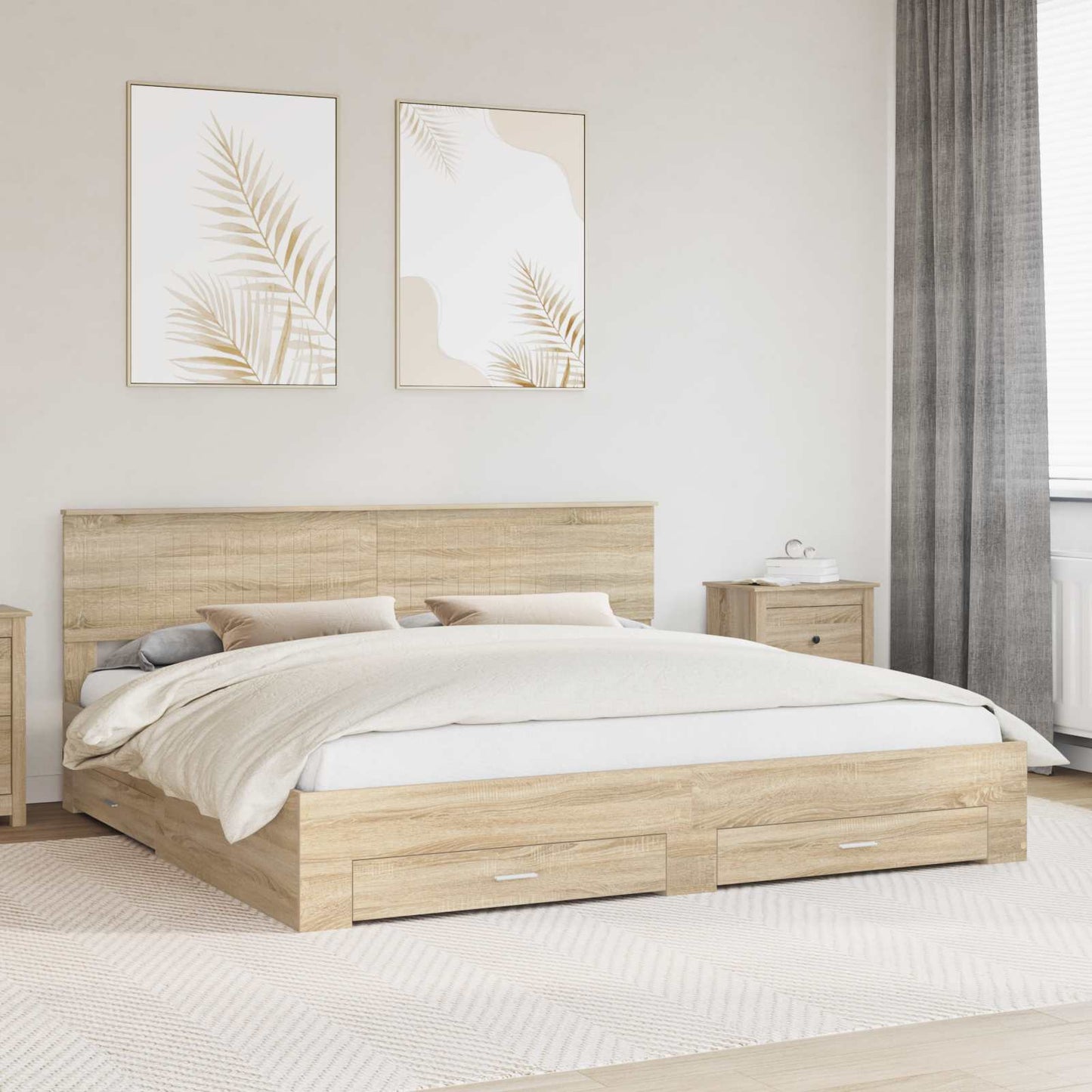 Bedframe met hoofdeinde Sonoma Eiken 200 x 200 cm Bewerkt hout is nu te koop bij PeponiXL, paradijselijk wonen!