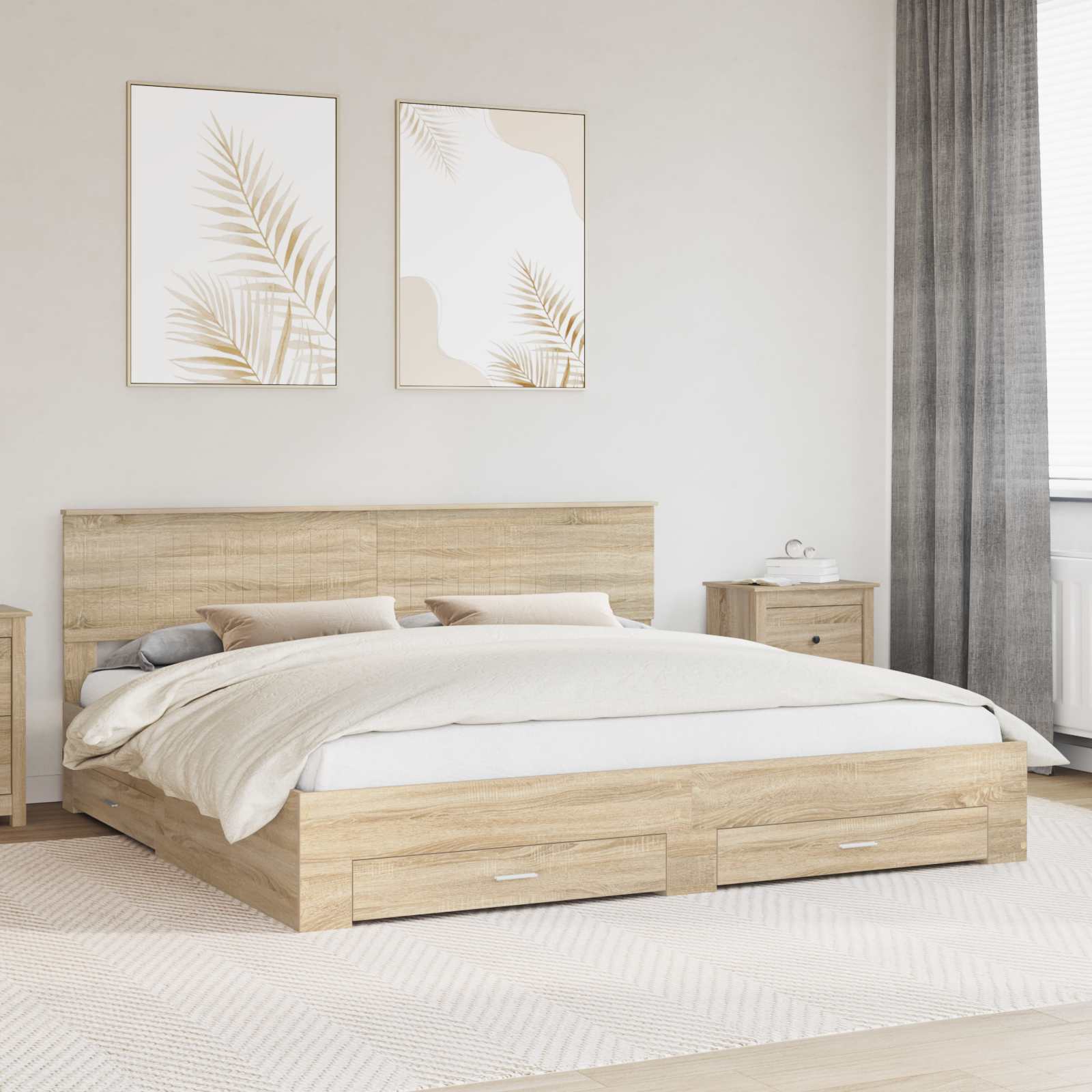 Bedframe met hoofdeinde Sonoma Eiken 200 x 200 cm Bewerkt hout is nu te koop bij PeponiXL, paradijselijk wonen!