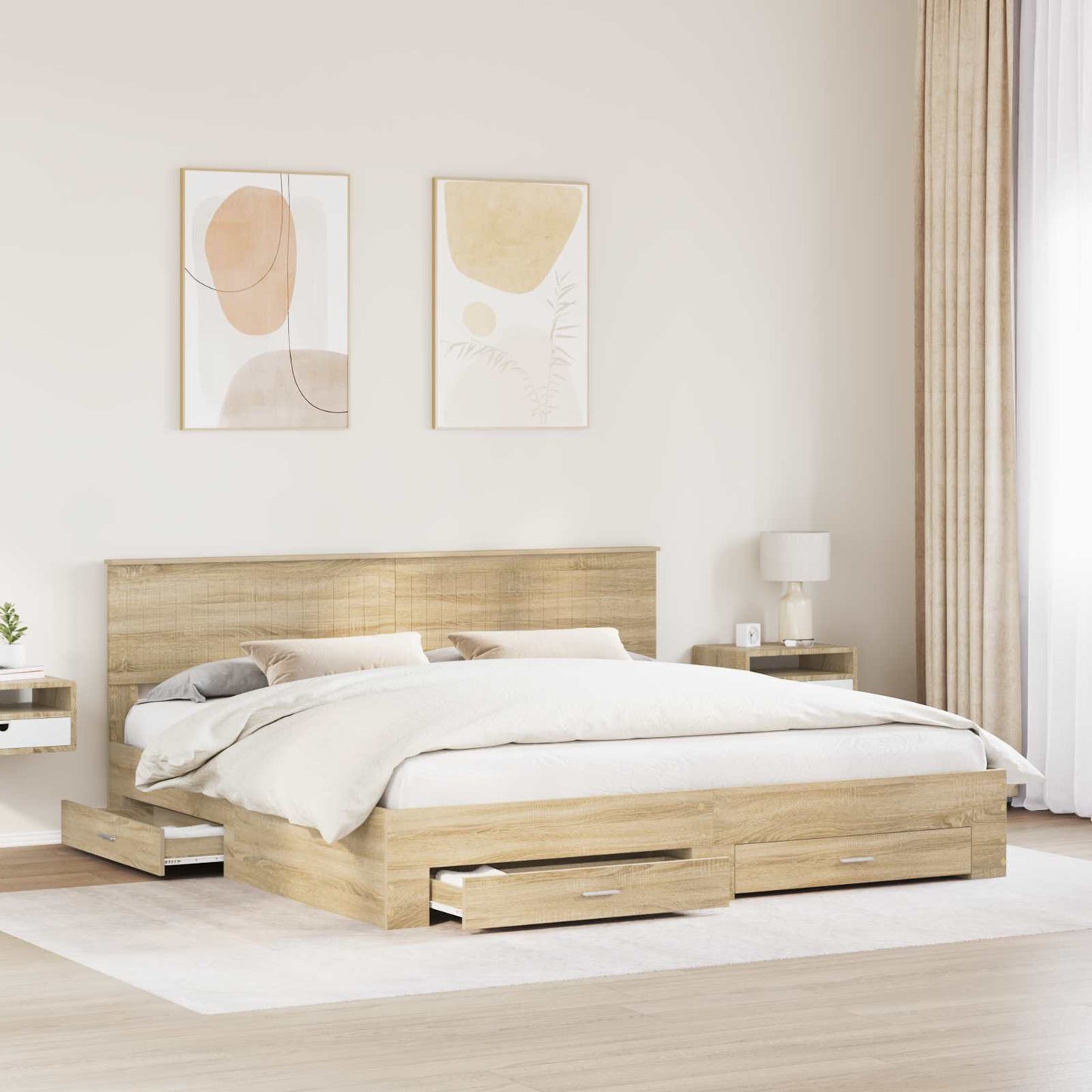 Bedframe met hoofdeinde Sonoma Eiken 200 x 200 cm Bewerkt hout is nu te koop bij PeponiXL, paradijselijk wonen!