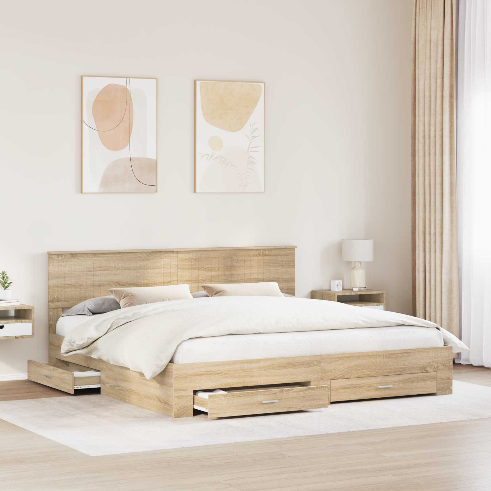 Bedframe met hoofdeinde Sonoma Eiken 200 x 200 cm Bewerkt hout is nu te koop bij PeponiXL, paradijselijk wonen!