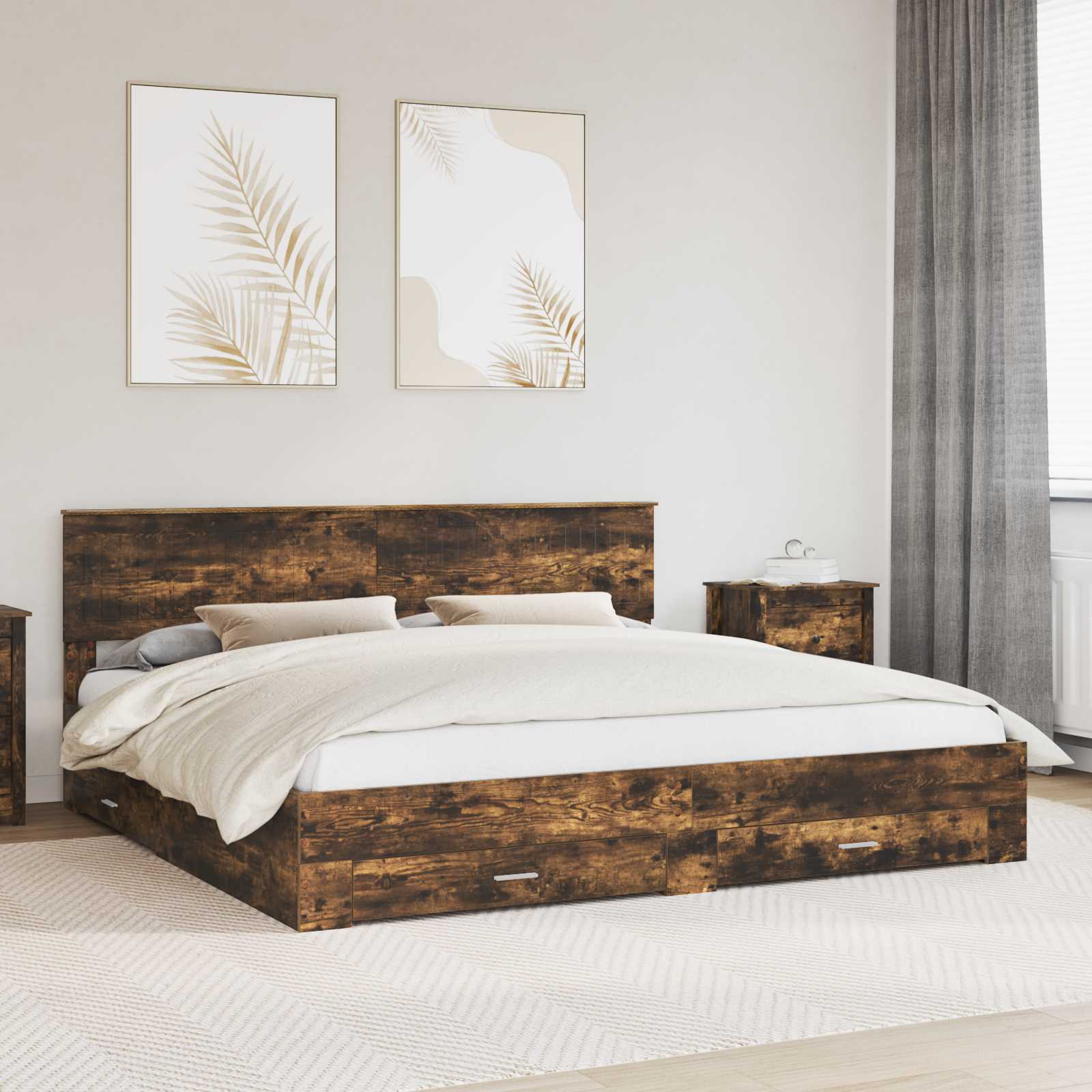 Bedframe met hoofdeinde Gerookt eiken 200 x 200 cm Bewerkt hout is nu te koop bij PeponiXL, paradijselijk wonen!