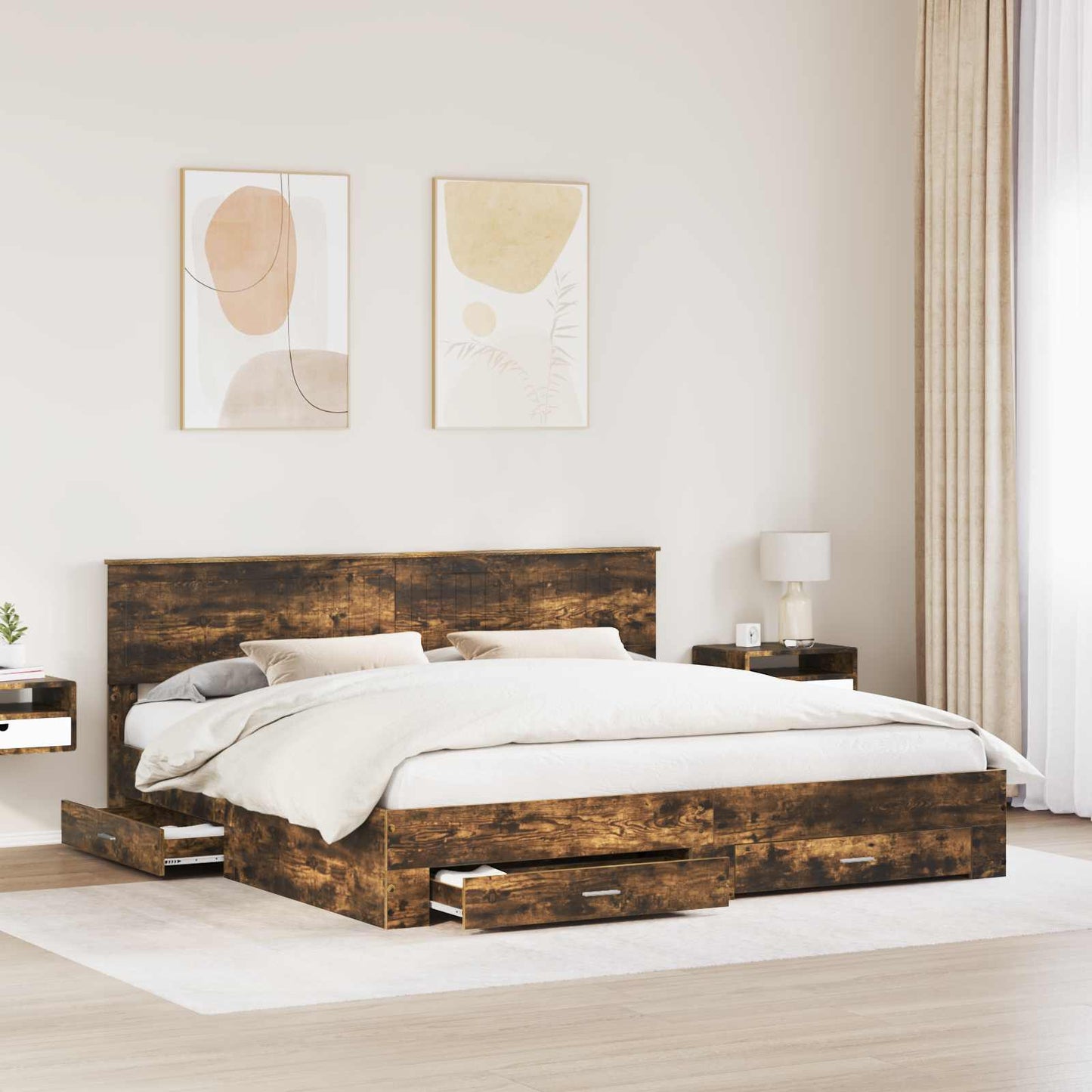 Bedframe met hoofdeinde Gerookt eiken 200 x 200 cm Bewerkt hout is nu te koop bij PeponiXL, paradijselijk wonen!