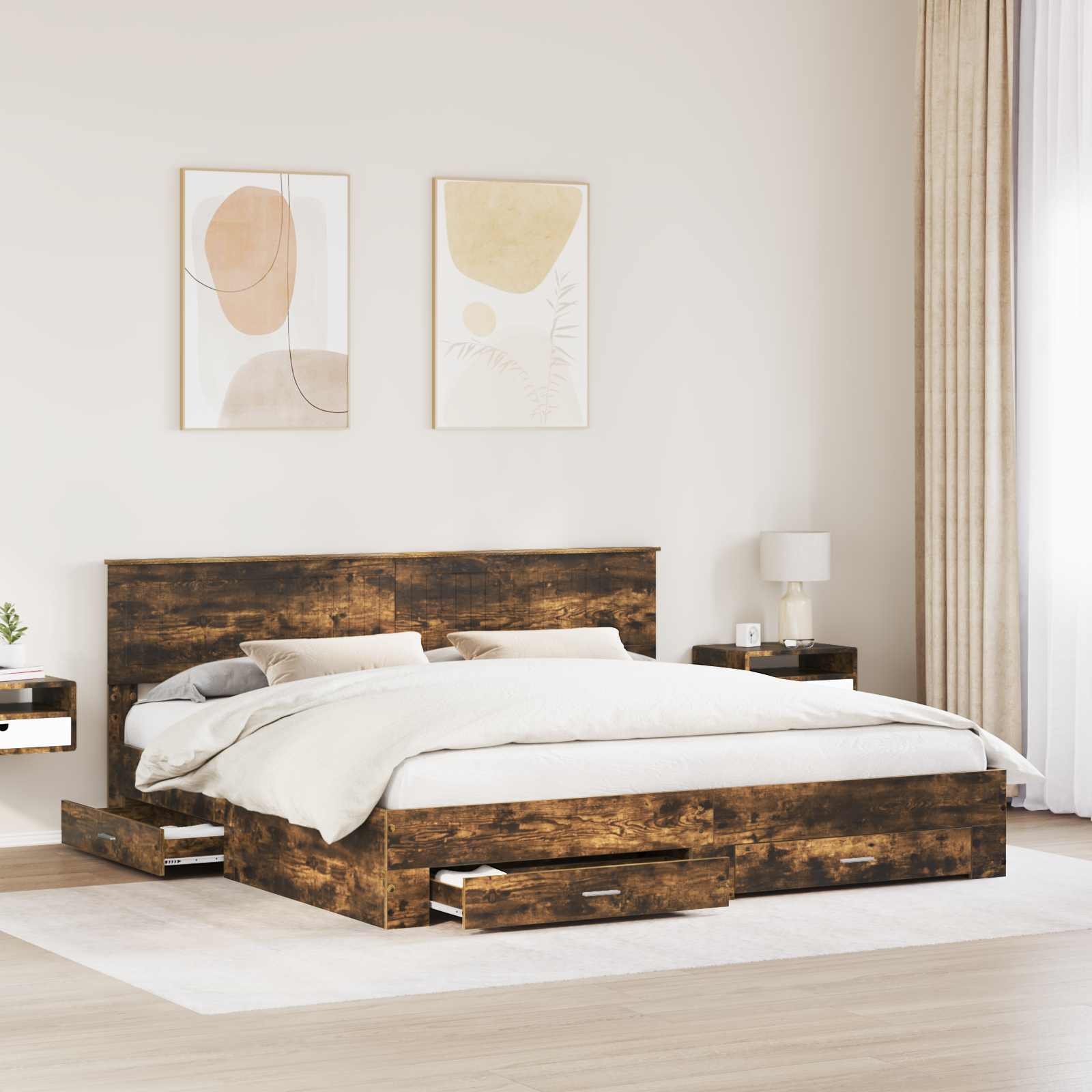 Bedframe met hoofdeinde Gerookt eiken 200 x 200 cm Bewerkt hout is nu te koop bij PeponiXL, paradijselijk wonen!