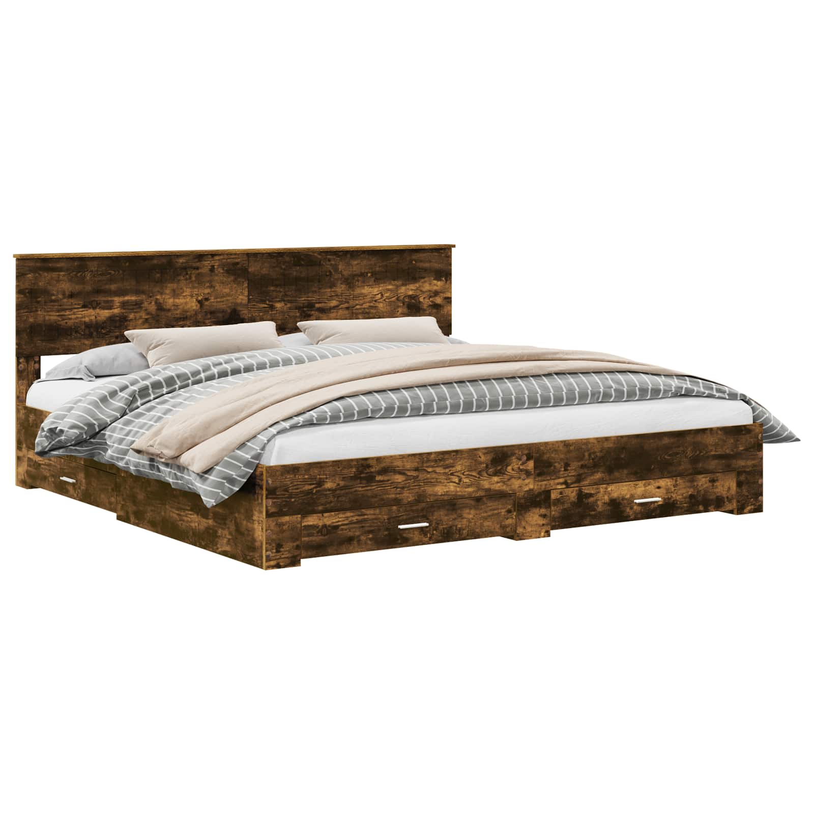 Bedframe met hoofdeinde Gerookt eiken 200 x 200 cm Bewerkt hout is nu te koop bij PeponiXL, paradijselijk wonen!