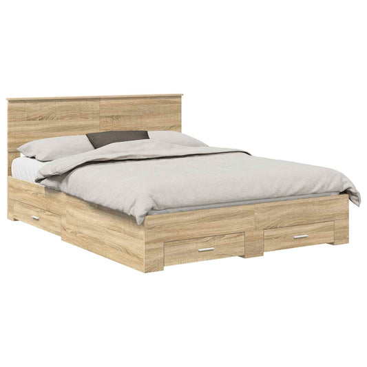 Bedframe met hoofdeinde Sonoma Eiken 150 x 200 cm Bewerkt hout is nu te koop bij PeponiXL, paradijselijk wonen!