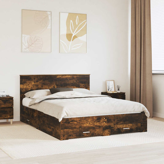 Bedframe met hoofdeinde Gerookt eiken 150 x 200 cm Bewerkt hout is nu te koop bij PeponiXL, paradijselijk wonen!