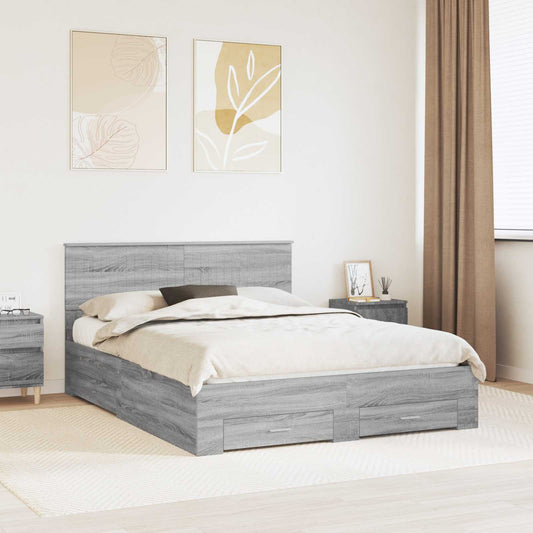 Bedframe met lade Grijs Sonoma 150 x 200 cm Bewerkt hout is nu te koop bij PeponiXL, paradijselijk wonen!